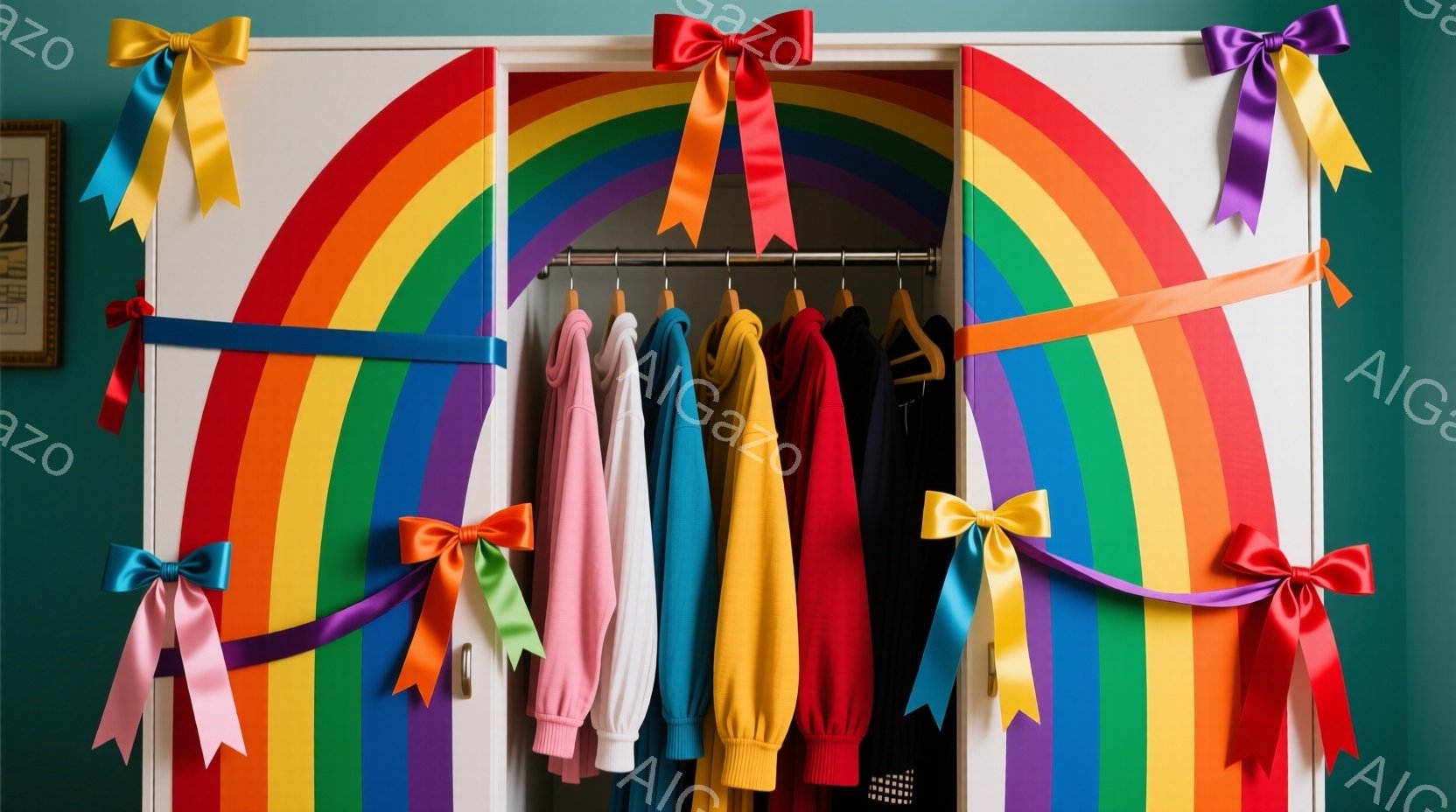 開いたクローゼットの前に、虹色のストライプが施され、各色にリボンが結び付けられています。クローゼットの中には、ピンク、白、オレンジ、黒のパーカーやスウェットシャツが並んでおり、シンプルでカジュアルな雰囲気です。背景はターコイズブルーの壁で、左側には小さな絵画が飾られています。