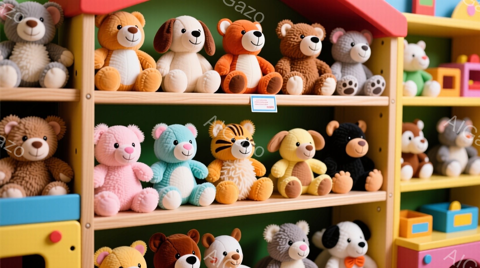 浅緑色の壁を背景に、様々な種類のぬいぐるみたちが棚に並べられています。茶色、ピンク、白、黒、オレンジ色のクマや犬、トラなどの愛らしい姿が目に留まり、それぞれ異なるポーズで座って見つめています。明るい色調と可愛らしいぬいぐるみたちが、温かく優しい雰囲気を醸し出しています。
