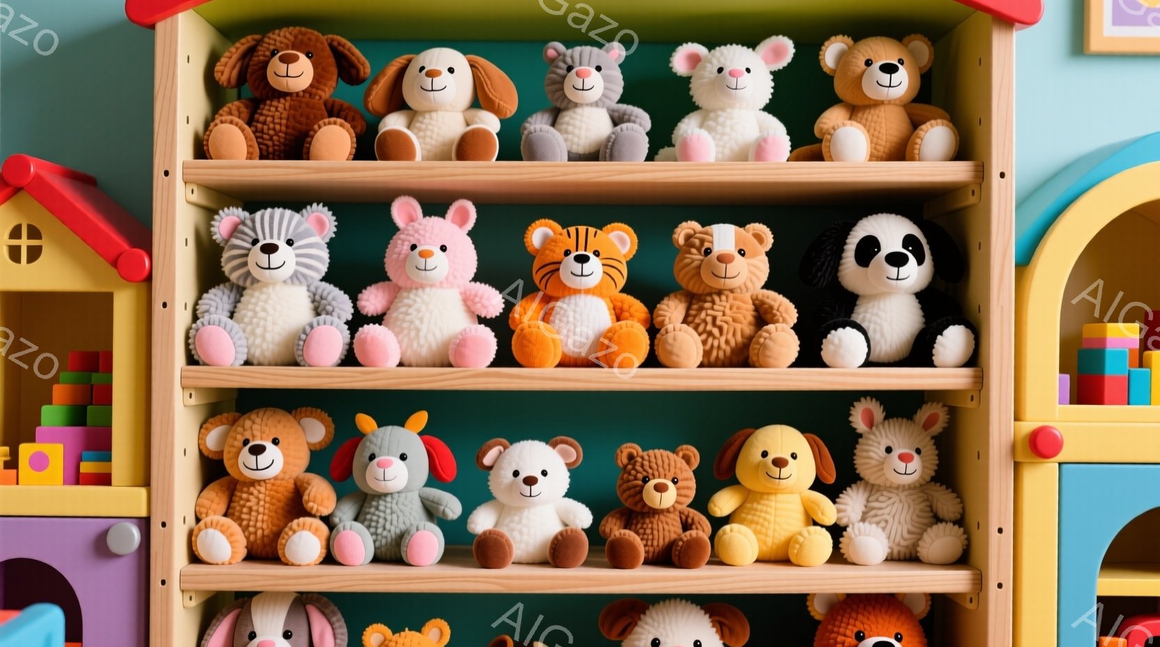 ぬいぐるみたちが棚に整然と並べられています。様々な動物のぬいぐるみがあり、茶色、白、黒、オレンジなど、様々な色合いです。背景は深緑色で、おもちゃの家や積み木が配置され、明るく遊び心のある雰囲気を醸し出 - AI生成フリー素材