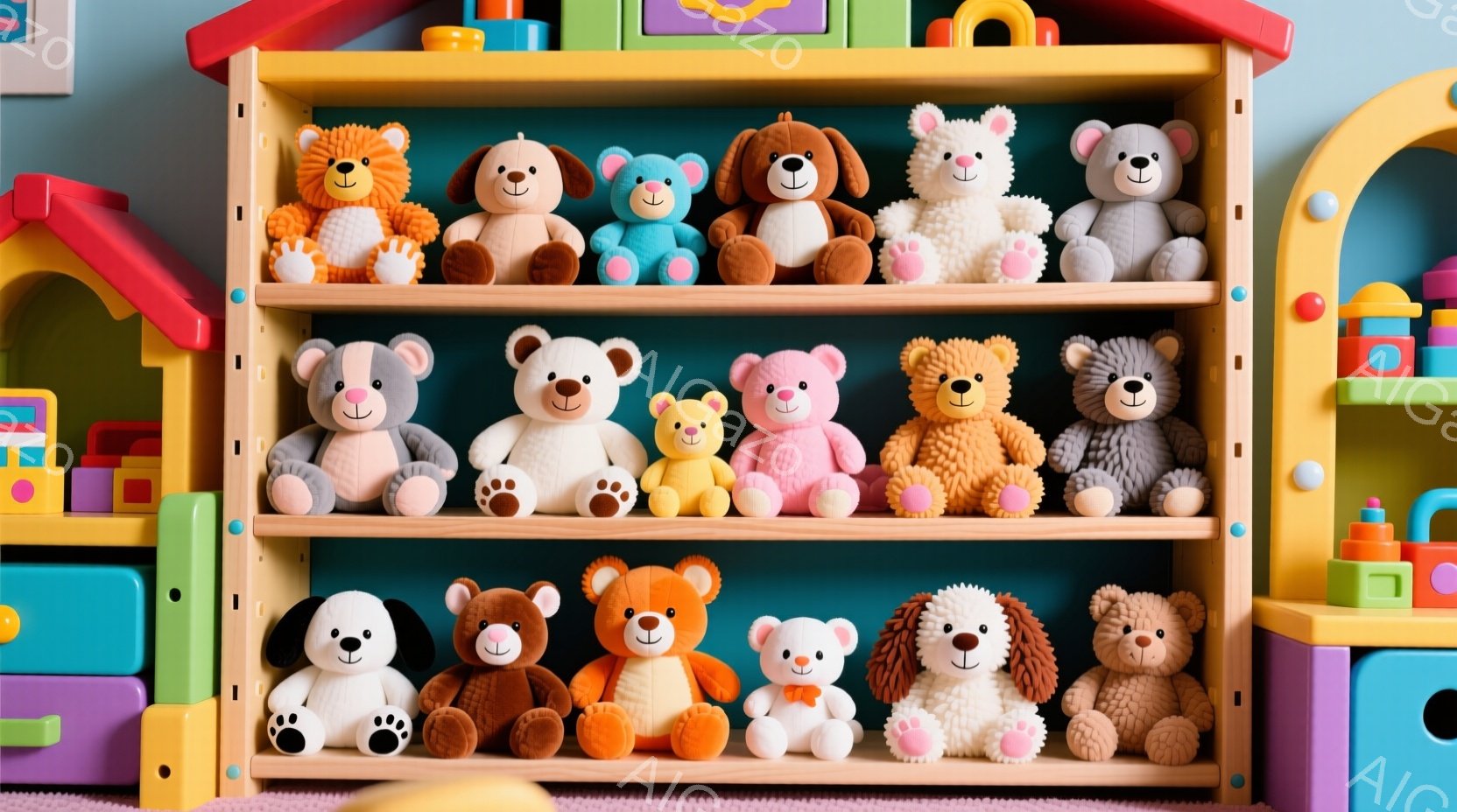 茶色、ピンク、クリーム色などの様々な色のテディベアや犬のぬいぐるみたちが、木製の棚に整然と並べられています。ぬいぐるみたちは皆、愛らしい表情で、柔らかく、抱きしめたくなるような仕上がりです。背景には、カラフルな積み木が配置されており、明るく遊び心のある雰囲気を作り出しています。