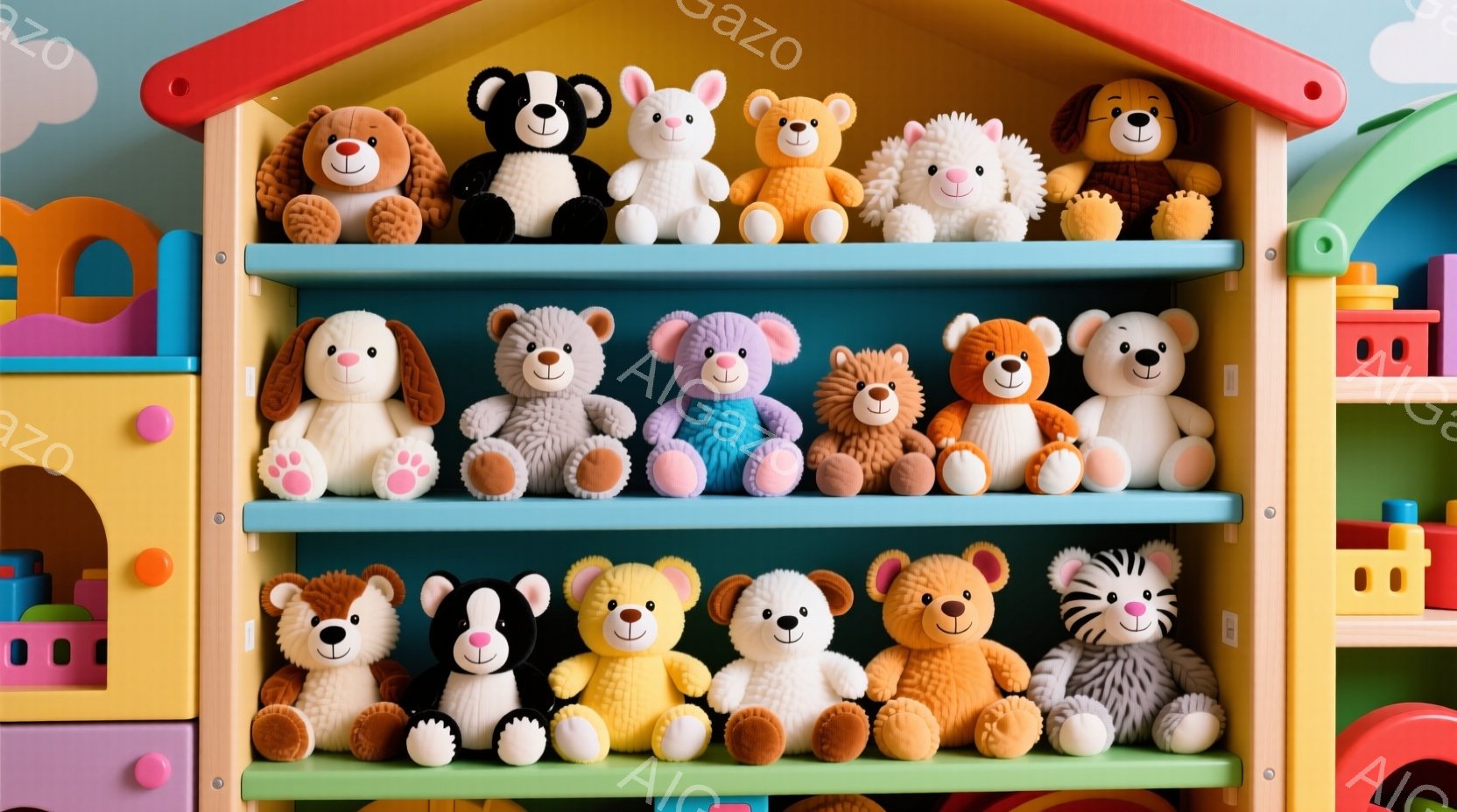 色とりどりのテディベアや動物のぬいぐるみたちが、おもちゃの棚に整然と並んでいます。各ぬいぐるみは愛らしい表情で、それぞれ異なる色や模様を持っています。背景にはカラフルなプラスチックのおもちゃの家があり - AI生成フリー素材