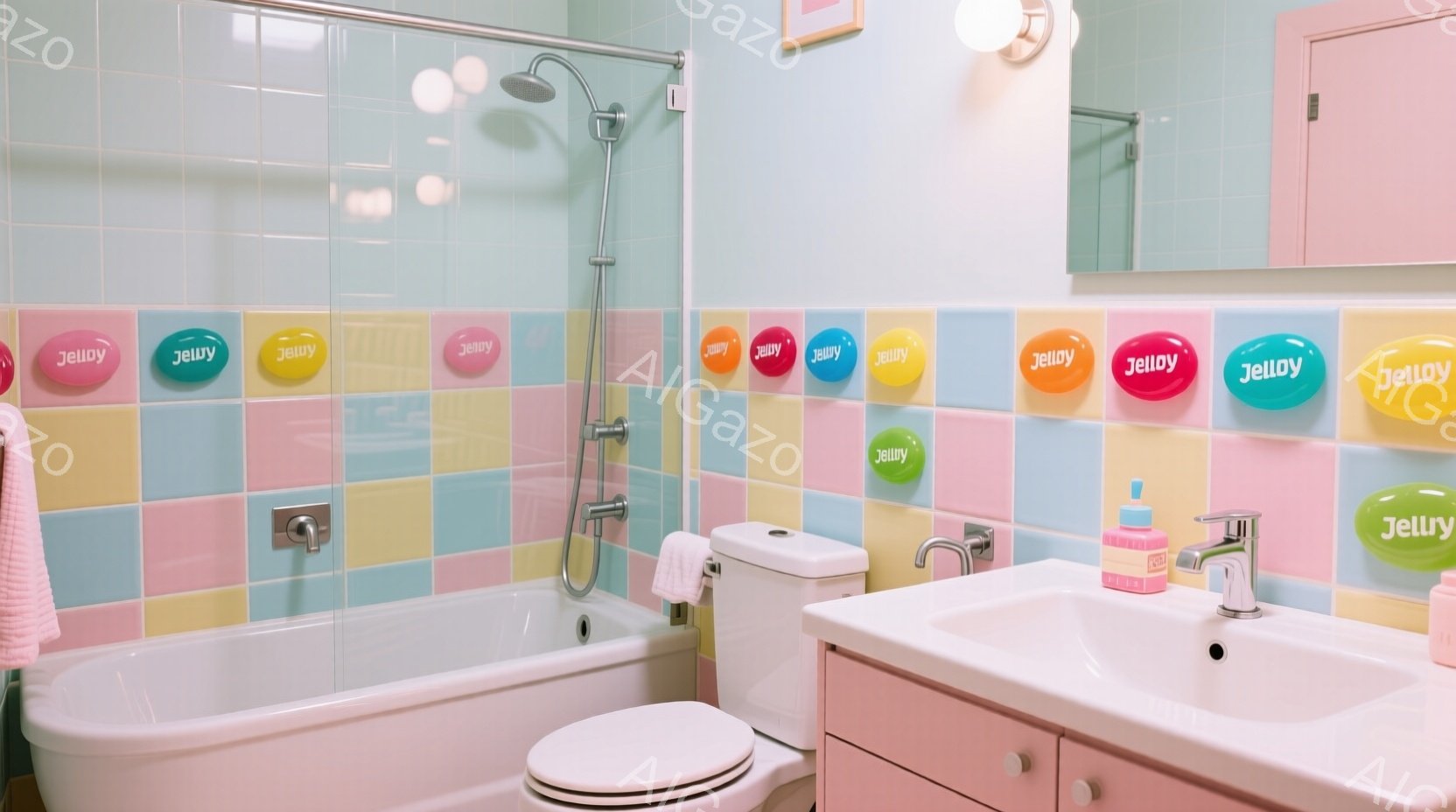 明るいパステルカラーのタイルが貼られた浴室で、バスタブ、トイレ、洗面台が配置されています。タイルはピンク、水色、黄色を基調とし、カラフルなゼリーのようなモチーフが散りばめられています。全体的に清潔感があり、ポップで遊び心のある雰囲気が漂っています。