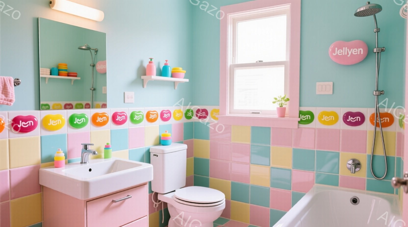 明るいピンクとターコイズブルーのタイルが印象的な浴室です。洗面台の上には様々な色のミニボトルが並び、壁には「Jen」と書かれたタイルが飾られています。全体的にパステルカラーで統一されており、明るく可愛 - AI生成フリー素材