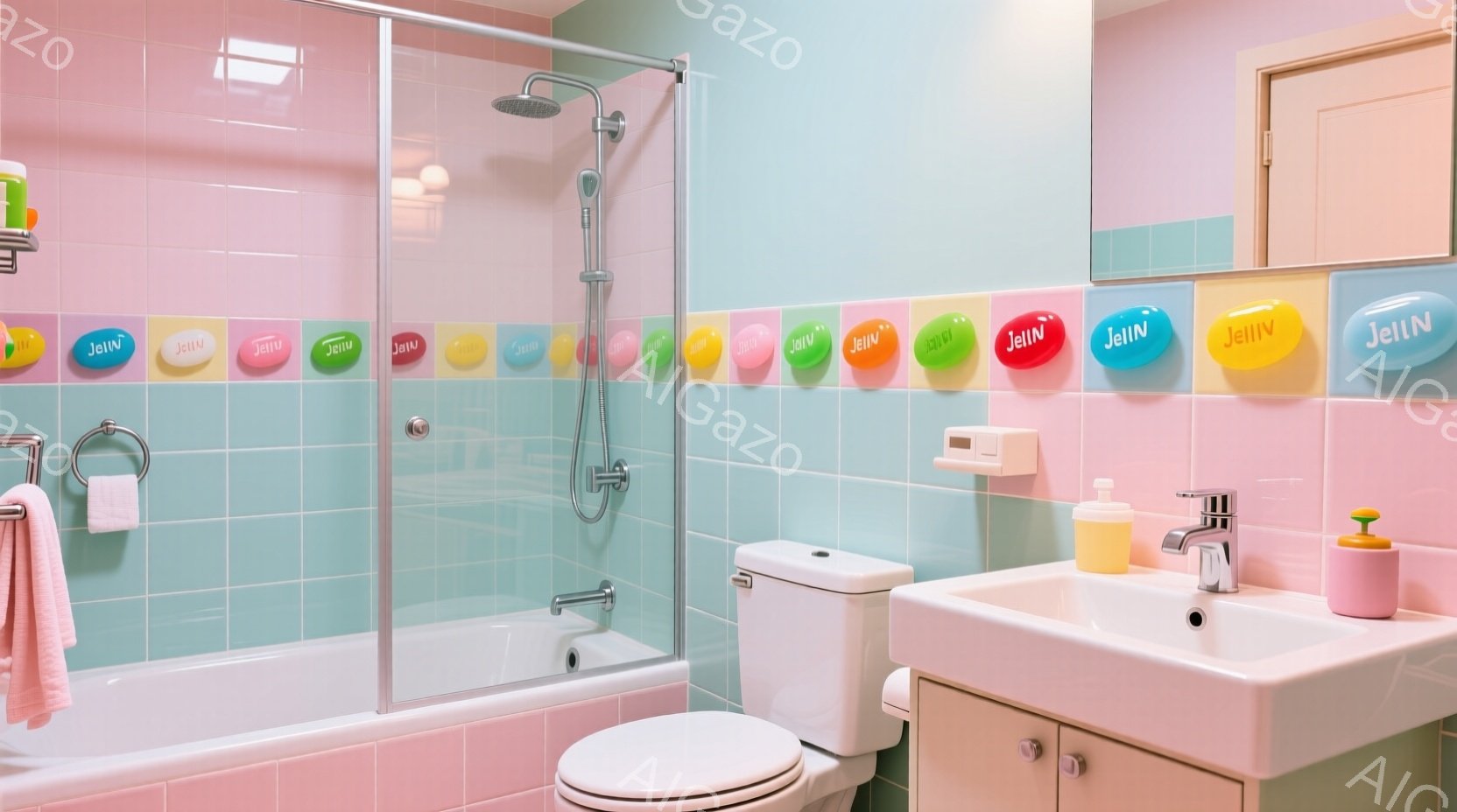 明るいピンクと水色のタイル張りのバスルームで、バスタブとトイレ、洗面台が写っています。カラフルな石鹸のモチーフがタイルの上に並んでおり、可愛らしい雰囲気を醸し出しています。全体的に清潔感があり、ポップで遊び心のあるインテリアデザインが特徴的です。