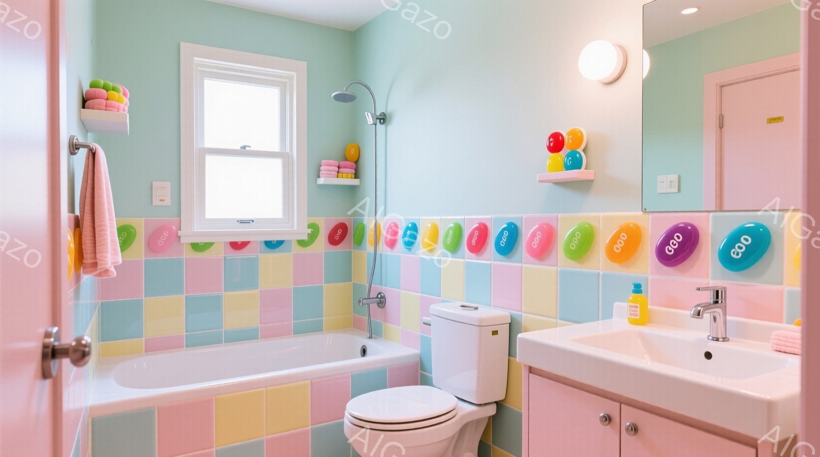 明るいパステルカラーのタイル張りのバスルームで、バスタブ、トイレ、洗面台が配置されています。壁にはカラフルな円形の装飾が連なり、棚には可愛らしい色のボールが並んでいます。全体的に清潔感があり、遊び心のあるデザインで、リラックスできる空間を演出しています。