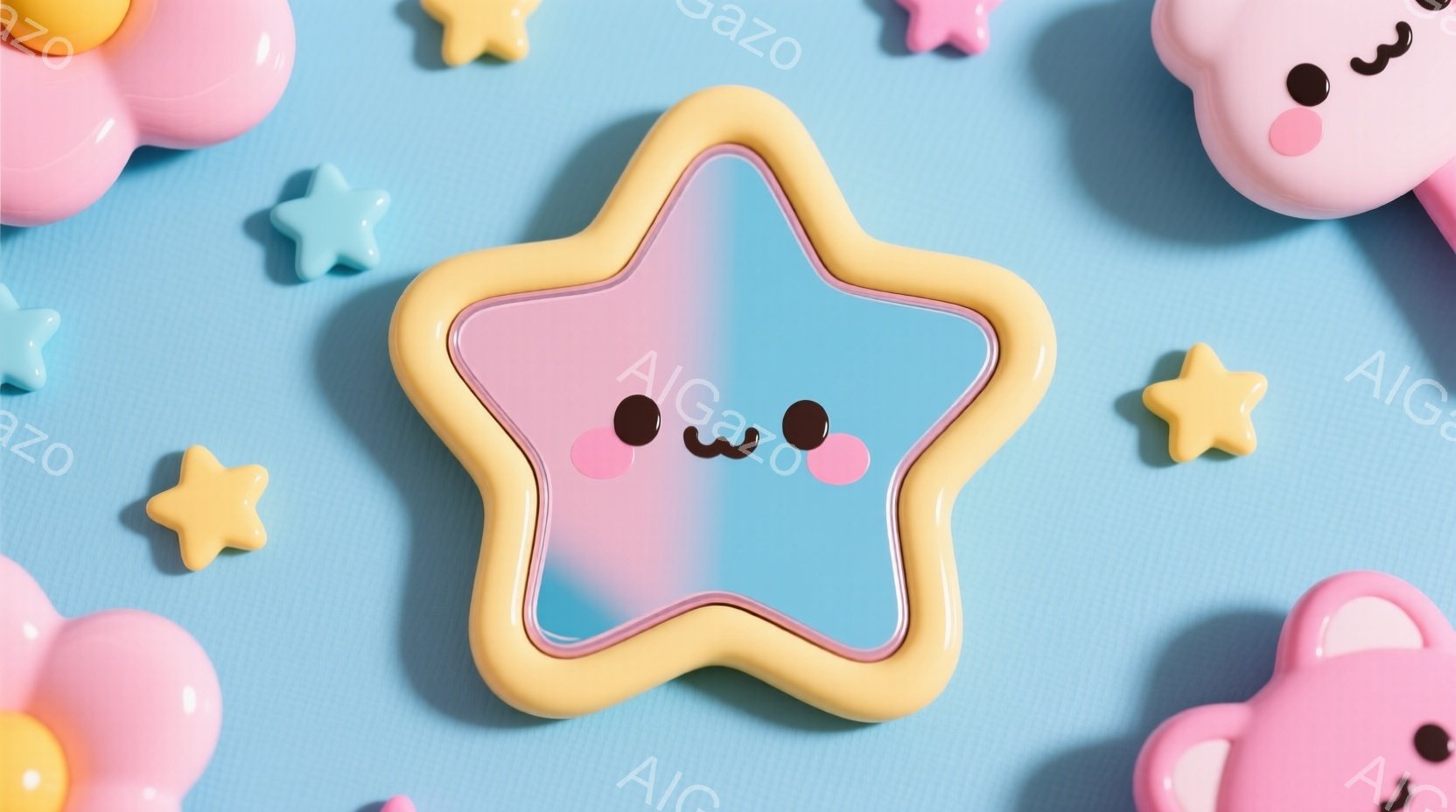 パステルカラーの星形と雲形のオブジェクトが、明るい水色の背景に散りばめられています。星形は、ピンクと水色にグラデーションがかかった可愛らしい表情をしており、黒い丸い瞳と小さな笑顔が特徴です。全体的に柔らかく、夢のような雰囲気で、甘くて優しい印象を与えます。