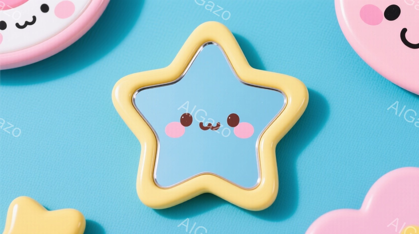 明るい水色の背景に、黄色い縁取りの星形コンパクトミラーが中央に配置されています。コンパクトミラーには、可愛らしい丸い目が描かれており、優しい表情をしています。左右には、ぼやけたピンク色の雲のような形をしたオブジェクトが配置され、全体的に柔らかく、夢のような雰囲気です。