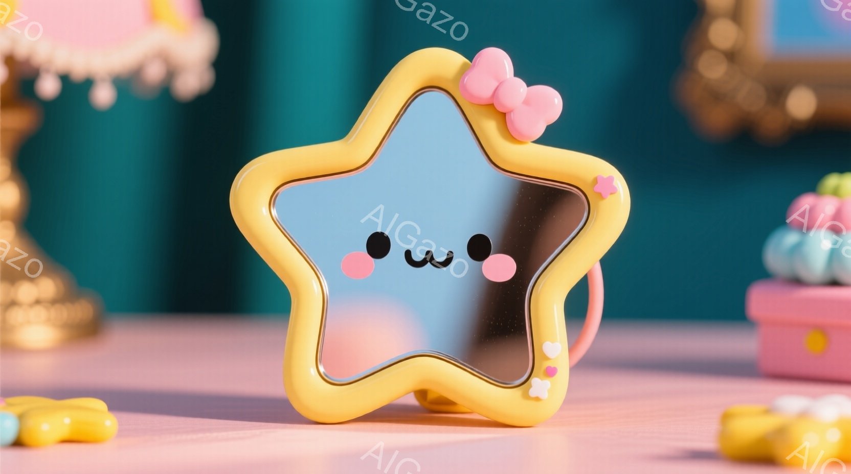 黄色の星形の鏡が、ピンク色のフリルとリボンで飾られた可愛らしいデザインで中央に配置されています。鏡の表面は反射しており、周りにはカラフルなキャンディのようなお菓子が散りばめられています。背景は淡いピンク色のテーブルと、ぼやけたパステルカラーの装飾が施されており、全体的に夢のような、甘い雰囲気を醸し出しています。