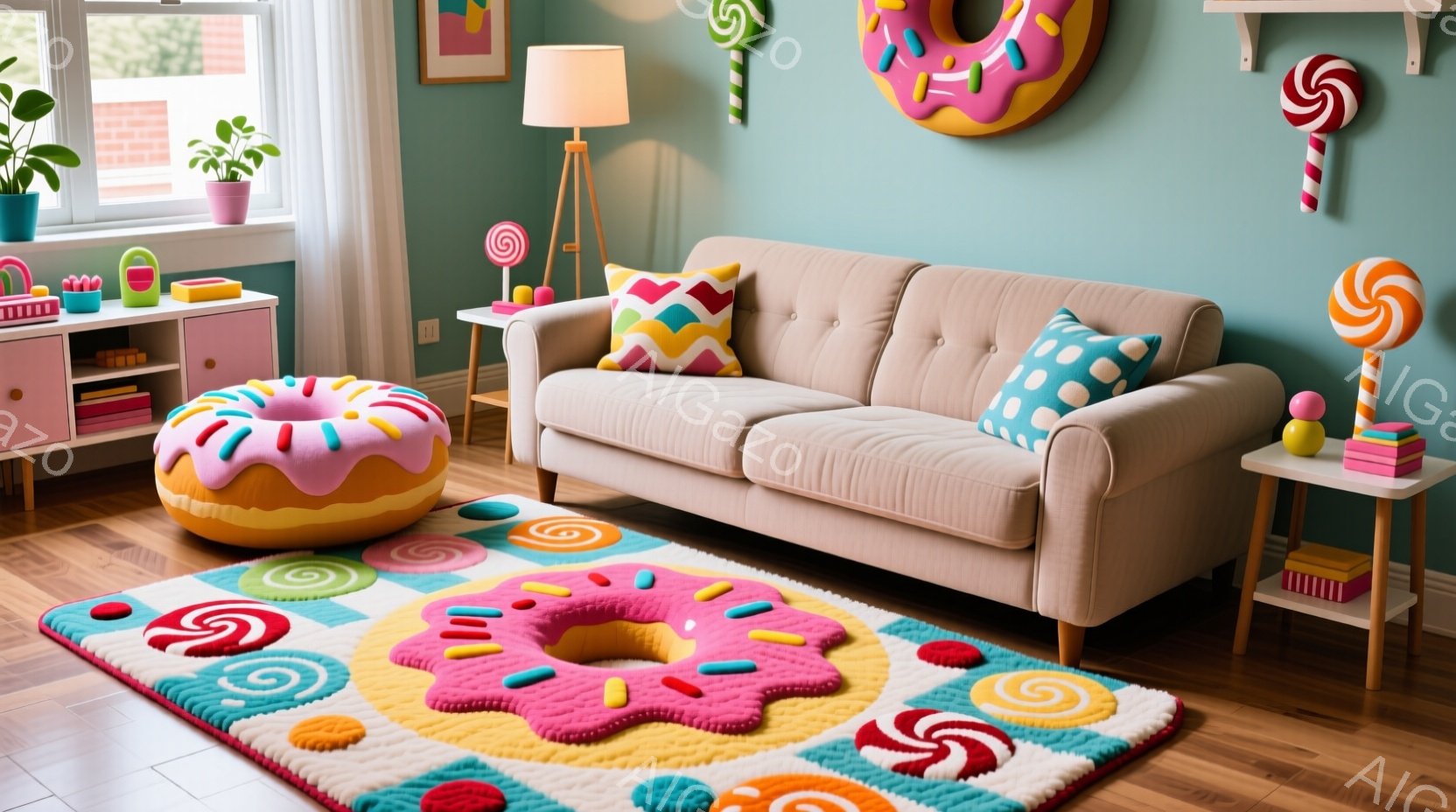 鮮やかな水色の壁を背景に、ドーナツをモチーフにしたカラフルな部屋が広がっています。ベージュのソファには、幾何学模様のクッションが置かれ、床には大きなドーナツ型のラグが敷かれています。部屋全体がキャンデ - AI生成フリー素材