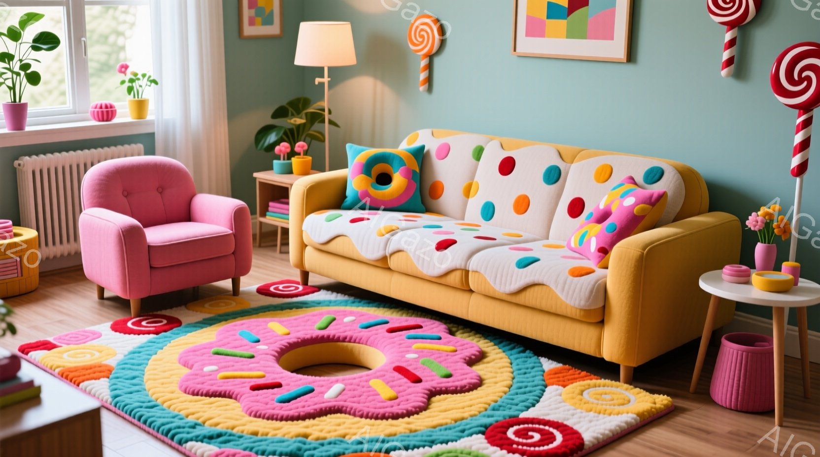 明るい色彩が特徴的なリビングルームで、黄色のソファにピンク色のクッションが置かれ、遊び心のある雰囲気を醸し出しています。床にはドーナツ型のカラフルなラグが敷かれ、壁には抽象的な絵画が飾られています。部 - AI生成フリー素材
