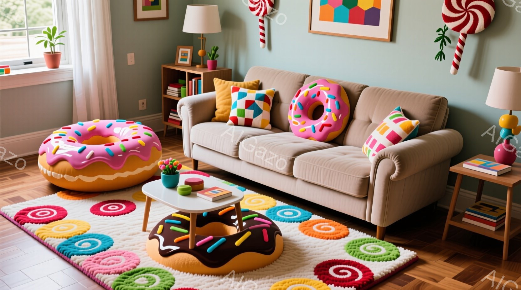 鮮やかな水色の壁を背景に、ドーナツモチーフのカラフルなラグが敷かれたリビングルームです。ベージュ色のソファには、ドーナツ型のクッションが置かれ、テーブルの上にはキャンディーと本が飾られています。全体的 - AI生成フリー素材