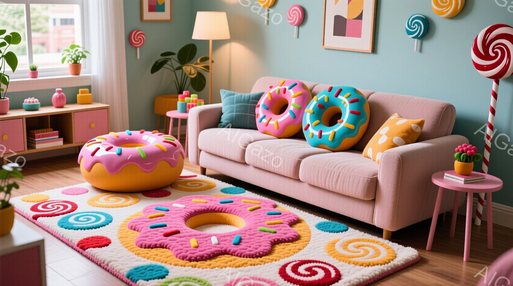 鮮やかなピンク色のソファと、キャンディーやドーナツモチーフの装飾が印象的な部屋です。床には大きなドーナツ柄のカーペットが敷かれ、可愛らしい雰囲気を演出しています。背景には、窓から差し込む自然光と植物が - AI生成フリー素材
