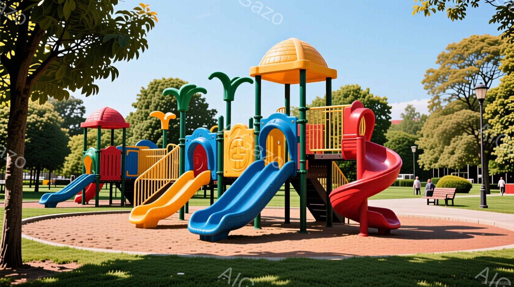 遊園地の遊具が印象的な風景です。カラフルな滑り台や塔が並び、緑豊かな木々と青空が背景に広がっています。遠景には建物が見え、人々がベンチに座って休憩している様子が、平和で穏やかな雰囲気を醸し出しています - AI生成フリー素材