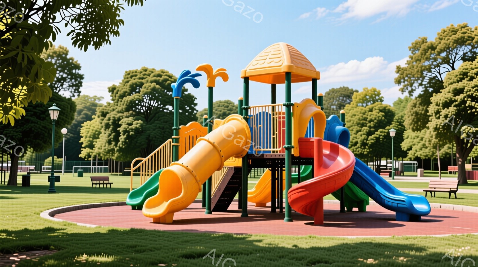 公園の真ん中にカラフルな遊具が設置されており、オレンジ、青、赤のスライドが特徴的です。遊具は緑豊かな芝生の上にあり、背景には木々が生い茂り、晴れた空が広がっています。全体的に、明るく開放的で、子供たちが安全に遊べる楽しい雰囲気が漂っています。