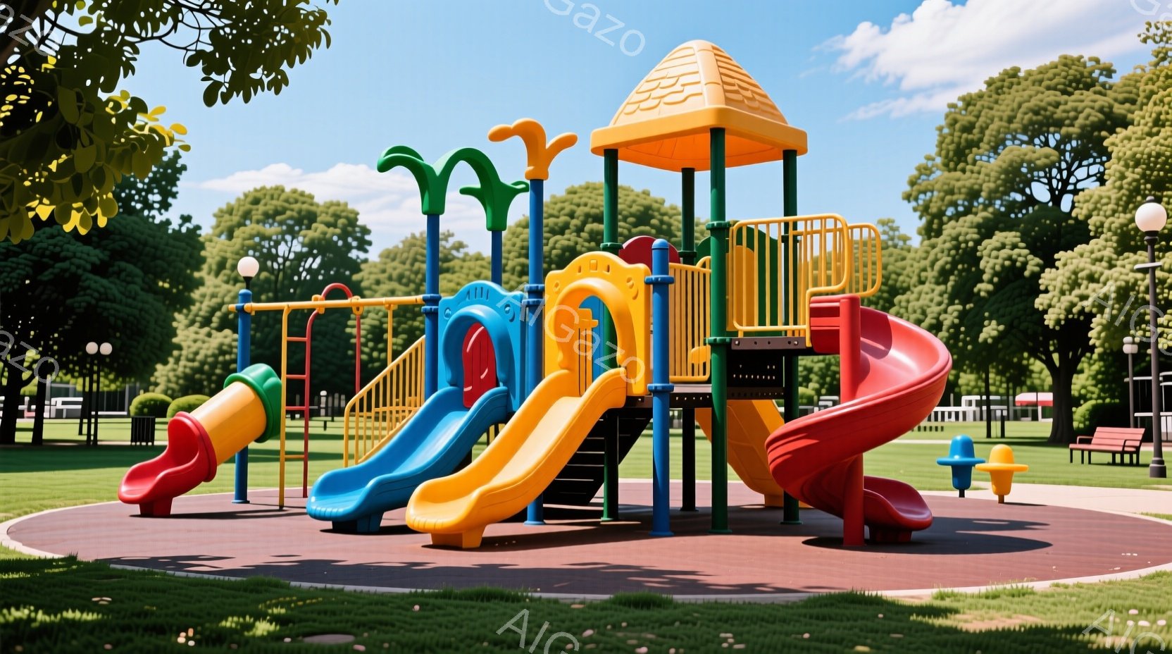 公園内の遊具が写っており、カラフルなスライドや階段、トンネルなどが組み合わさった複合遊具です。背景には緑豊かな木々と青空が広がり、穏やかな晴天の下で子供たちが遊ぶのに最適な場所であることがわかります。遊具の周りにはゴム製の敷きがされており、安全に配慮されている様子がうかがえます。