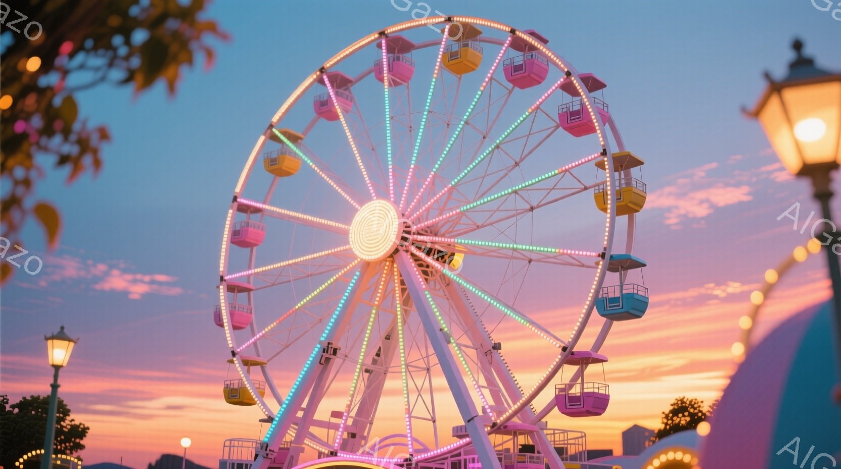 遊園地の観覧車が夕焼け空の下、パステルカラーの光を放ちながらそびえ立っている。観覧車のゴンドラはピンク、水色、黄色とカラフルで、まるでキャンディのような印象を与える。背景には、ぼんやりとした建物のシル - AI生成フリー素材