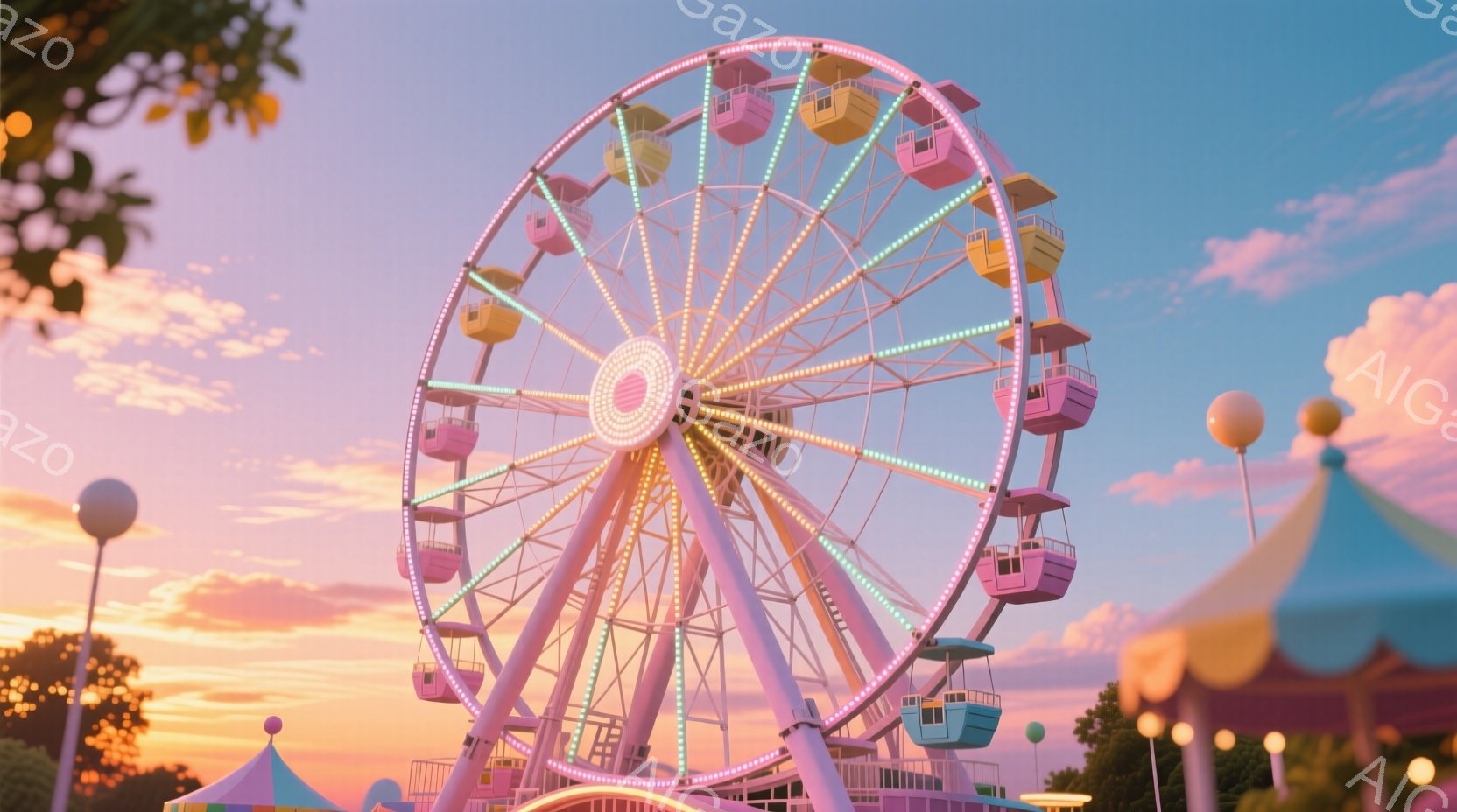 遊園地の観覧車が夕焼け空を背景に輝いている。ピンクと紫のパステルカラーのゴンドラが並び、ライトアップされた観覧車は幻想的な雰囲気を醸し出している。背景には、緑豊かな木々と、カラフルなストライプ模様のテ - AI生成フリー素材