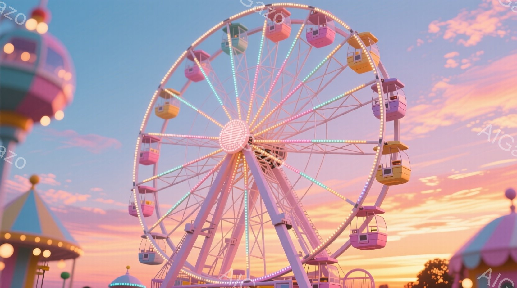 色鮮やかな夜景の中心にファンタジー風のメリーゴラウンドの大きな回転式カラフルカーニバルがあります。おそらく晩に設置されていると思われることを示唆している。回転式カーニバルは、繋がったカーティアームの下 - AI生成フリー素材