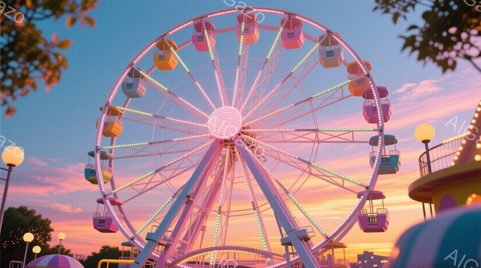遊園地の観覧車が夕焼け空の下にそびえ立っている。淡いピンクや紫、オレンジ色のグラデーションが美しく、観覧車のライトアップが幻想的な雰囲気を醸し出している。手前の緑豊かな木々や、遠くに見える遊園地の建物 - AI生成フリー素材
