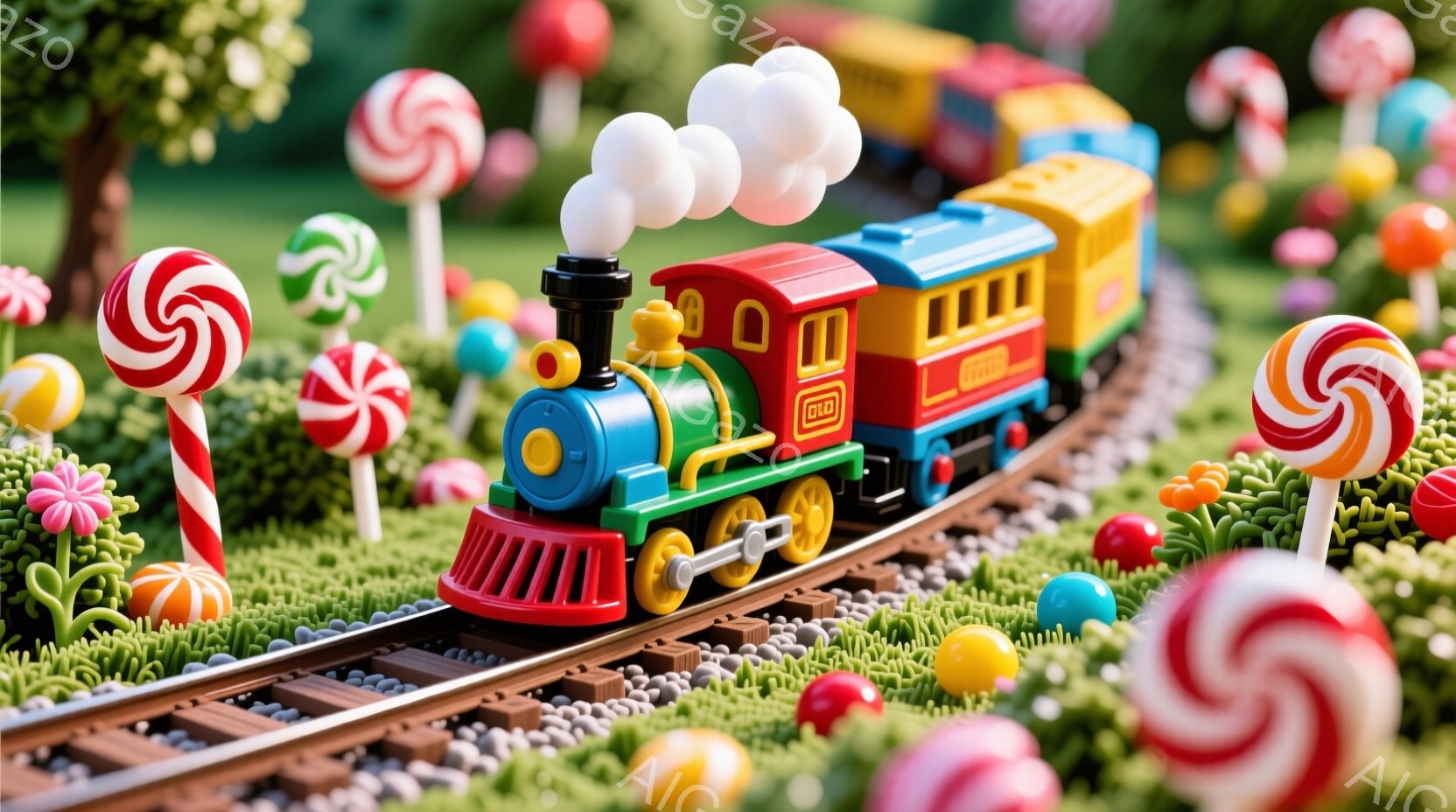 カラフルな玩具の列車が緑色の芝生の上を走っています。列車の先頭車両は赤と緑で、その他の車両は黄色と青で、キャンディーのような装飾が周りに散りばめられています。背景には、様々な色のキャンディーや花が咲き乱れ、まるで夢のようなお菓子の国を思わせる、明るく楽しい雰囲気が漂っています。