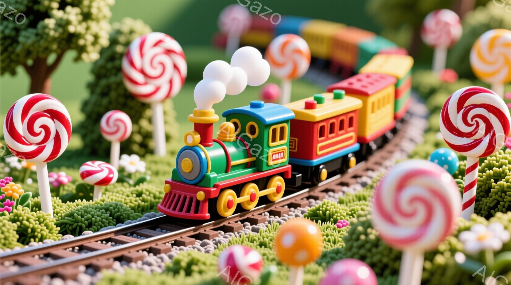 カラフルな玩具の列車が緑色の芝生とキャンディで飾られた線路の上を走っています。列車は、緑、赤、黄色の車輪が付いた可愛らしい蒸気機関車と、それに続く貨物車で構成されています。背景には、様々な色の棒付きキ - AI生成フリー素材
