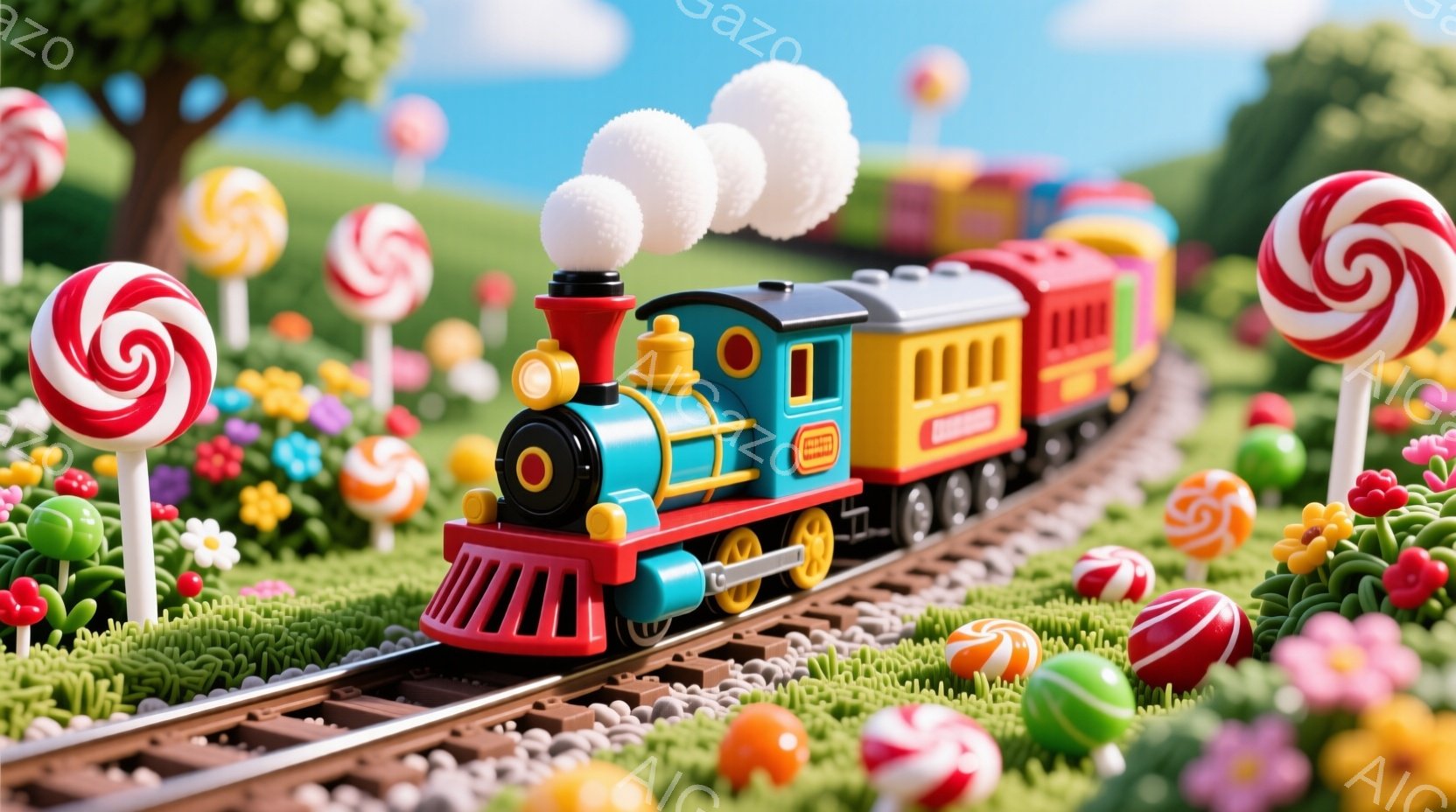 カラフルなキャンディで飾られた緑の草原を、赤い蒸気機関車が走っている。機関車は鮮やかな赤、青、黄色で構成され、白煙を上げて走行している。背景には、さまざまな色のキャンディが咲き乱れ、夢のような雰囲気を醸し出している。