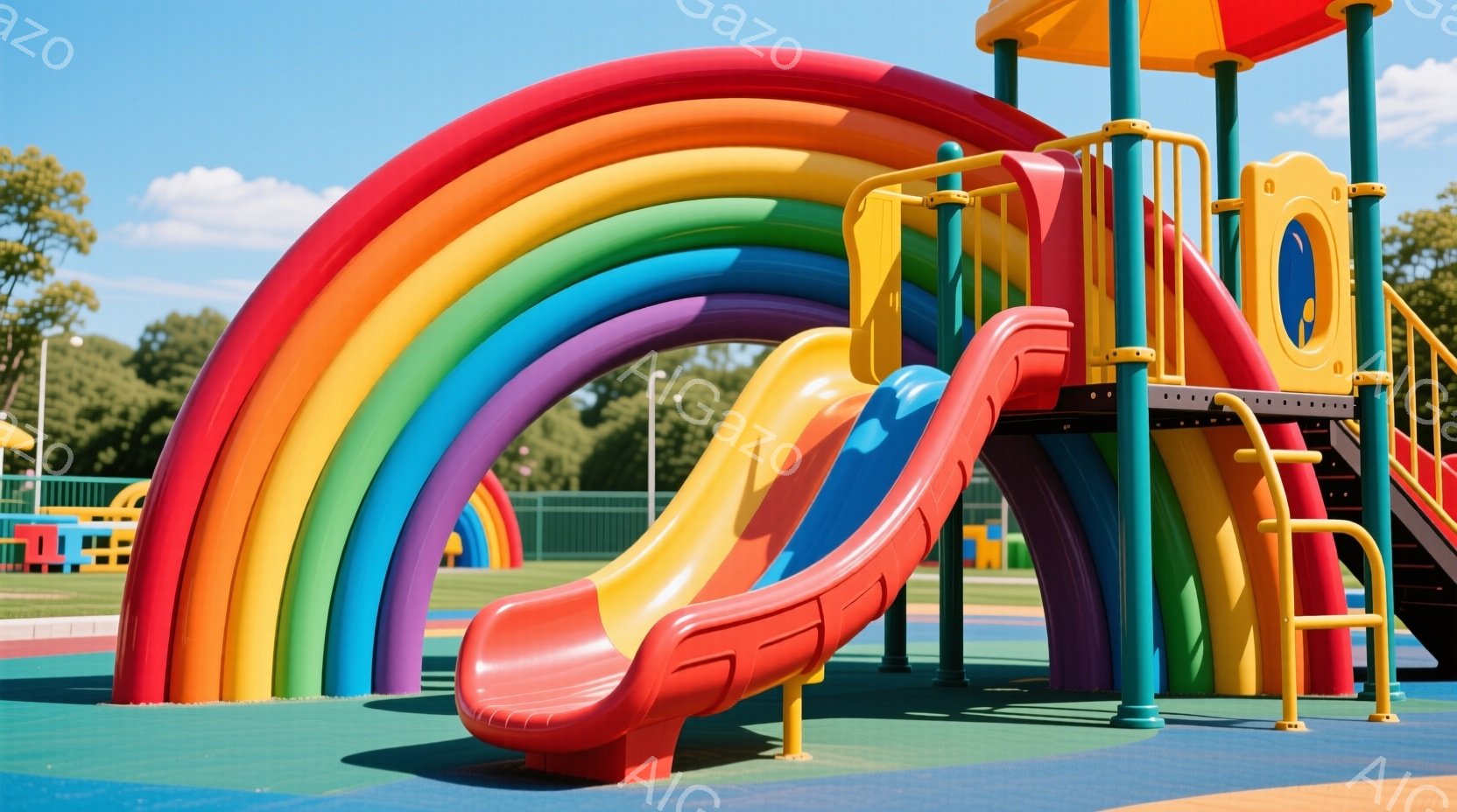 カラフルな遊具が広がる公園の風景です。虹色のアーチ状の滑り台が特徴的で、赤、オレンジ、黄色、緑、青、紫の鮮やかな色が並んでいます。背景には緑の芝生とフェンスが見え、晴れた日の明るい雰囲気が伝わってきます。