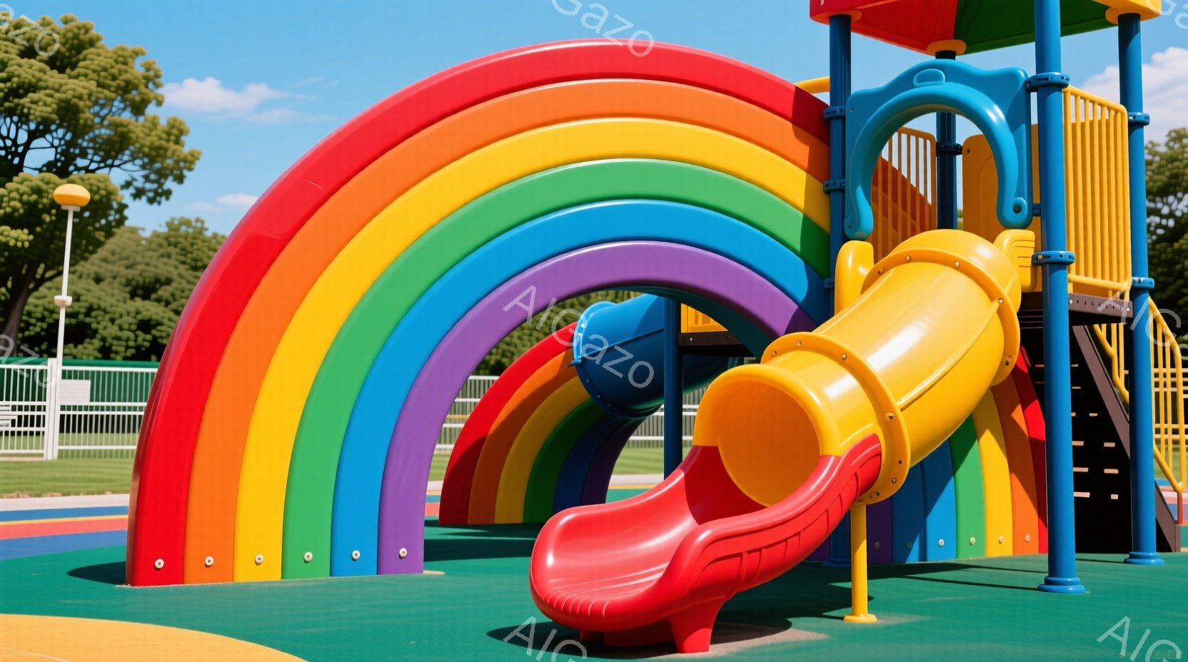 カラフルな虹色のアーチ状の遊具が、緑色のゴム製地面に設置されている公園の様子です。遊具は赤、橙、黄、緑、青、紫の色で構成され、滑り台が取り付けられています。背景には緑の芝生とフェンスが見え、晴天で遊ぶ - AI生成フリー素材