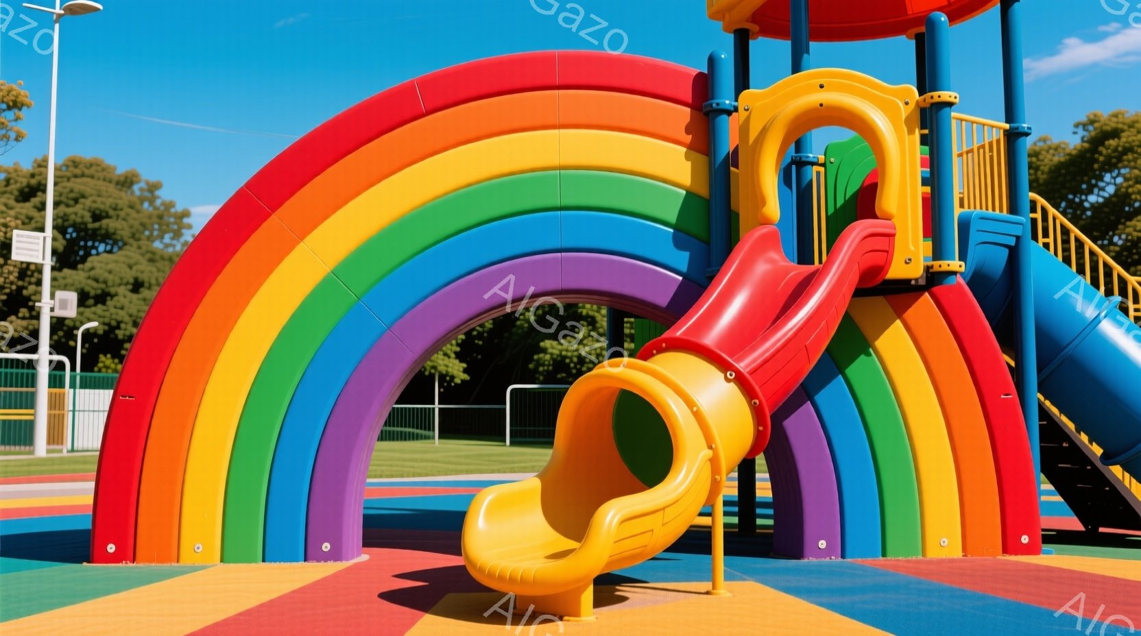 カラフルな遊具が写っており、特に虹色のトンネル状のスライドが印象的です。背景には緑の芝生と木々が見え、晴天の下、遊具の鮮やかな色彩が際立っています。遊具の周囲は安全のために柔らかい素材の敷き詰めになっており、子供たちが安心して遊べる空間であることがわかります。