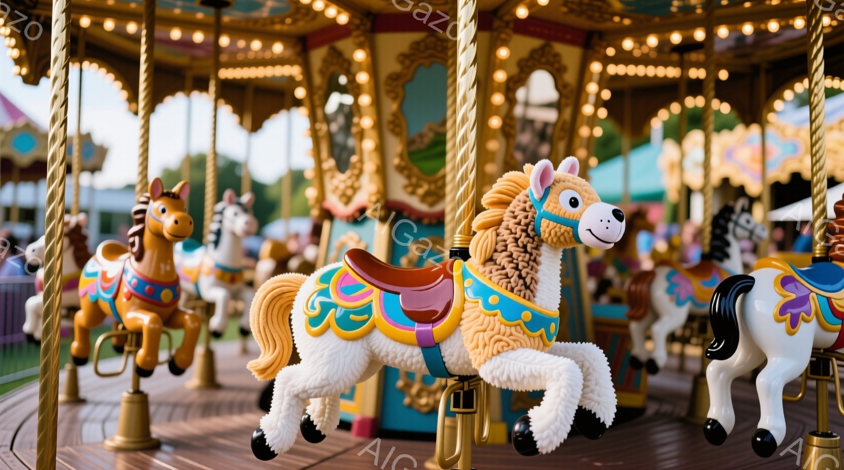 鮮やかなメリーゴーランドの馬たちが円形に並び、楽しげな雰囲気を醸し出しています。白を基調とした馬は、ピンクや水色の装飾が施され、精巧な彫刻が施されています。背景には、ぼやけた観覧車や緑豊かな木々が見え - AI生成フリー素材