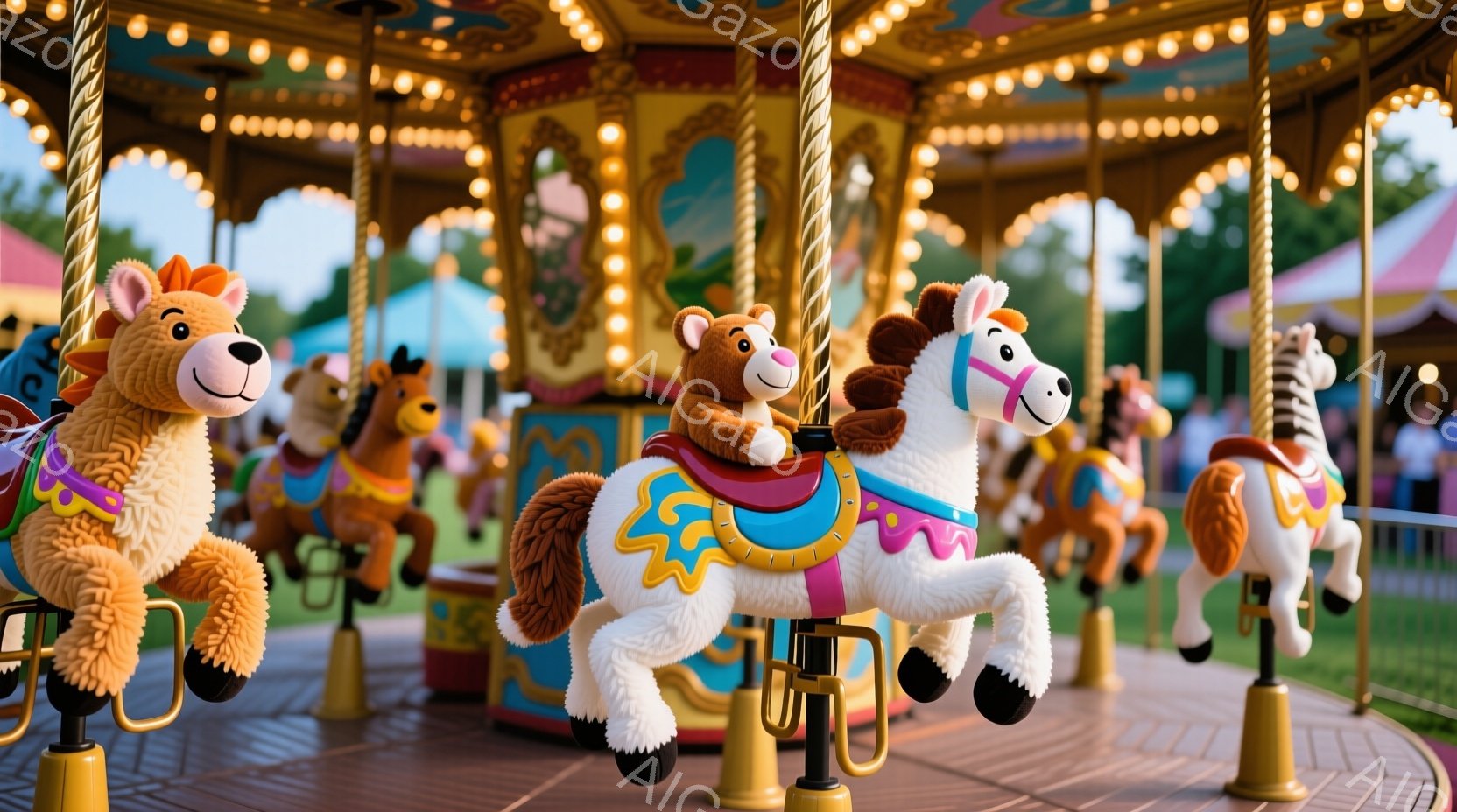 カラフルなメリーゴーラウンドが写っており、各乗り物は愛らしい動物を模したぬいぐるみで飾られています。ぬいぐるみはそれぞれ鞍を背負い、おとなしい表情で静止しており、背景には緑豊かな芝生と、ぼやけた建物や - AI生成フリー素材