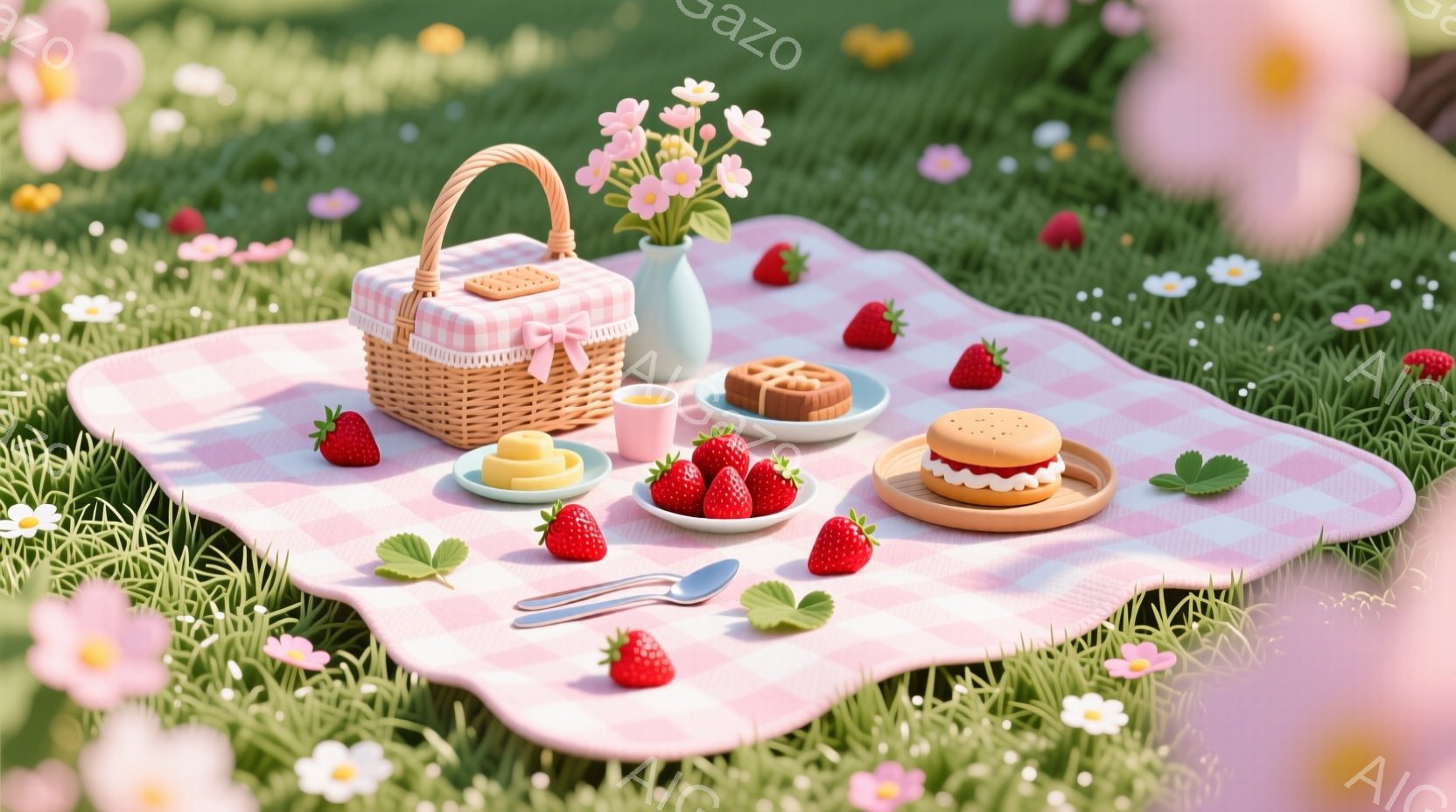 ピンクと白のチェック柄のピクニックブランケットの上に、様々な食べ物が並べられています。イチゴ、ビスケット、ケーキ、そして飲み物が、可愛らしい雰囲気を作り出しており、背景には緑の草と白い花が咲き乱れています。全体的に、暖かく、甘く、平和な春のピクニックの情景が表現されています。