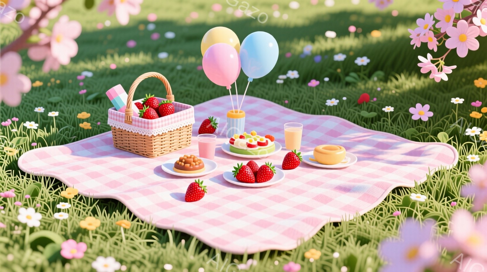 春のイラストで、草地上にピクニック用のテーブルを設置しています。そこには、色鮮やかなフルーツが盛り付けられ、パンも揃っているようです。風景は環境に負荷を与えないように設計されており、イラストの中で明るく、ポップな雰囲気が感じられます。テーブルの上には箱を持つキャラクターも表示されているようだが、詳しい人物の特徴や動作については、画像から明確に抽象することはできません。
