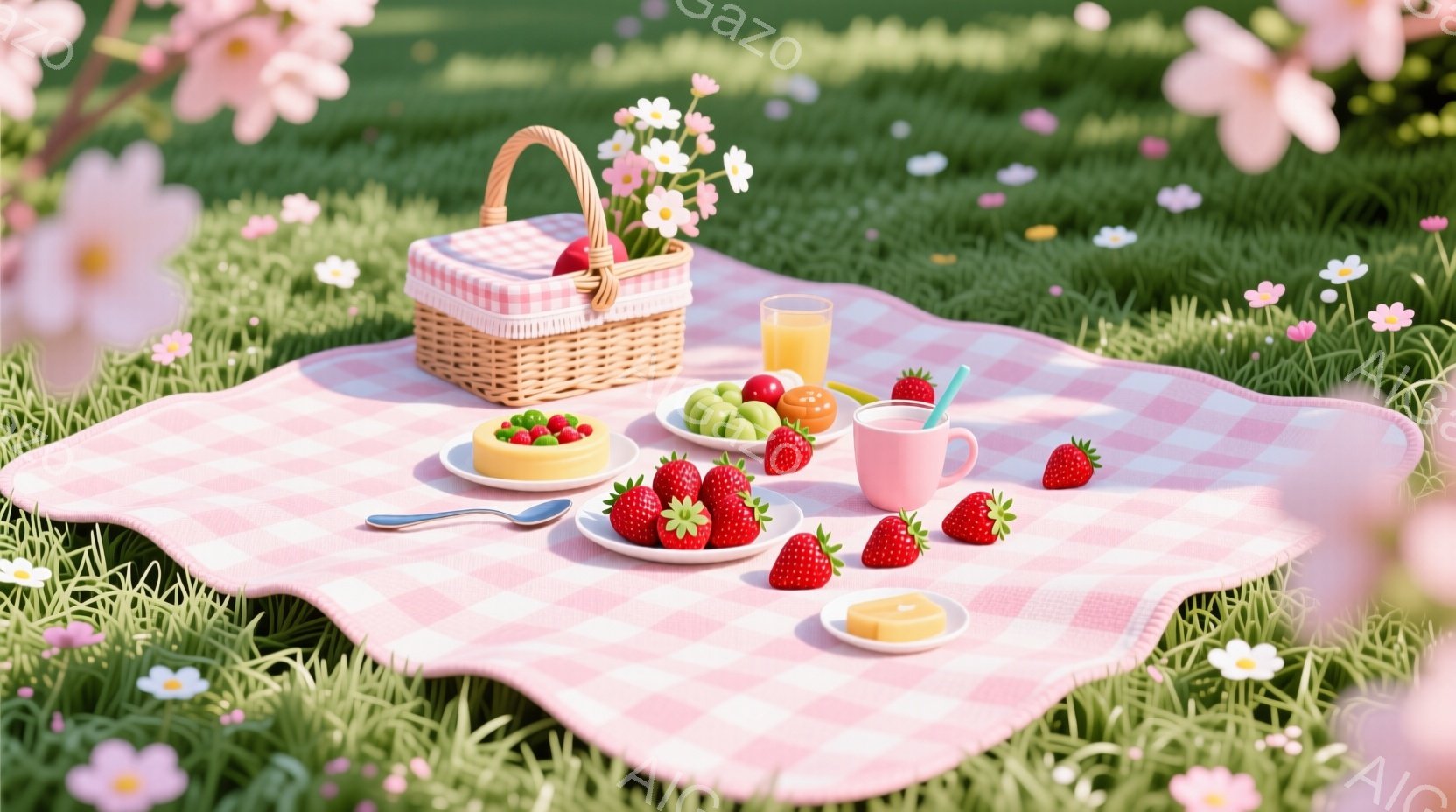 広々とした緑の芝生の上に、ピンクと白のチェック柄のピクニックシートが敷かれています。バスケット、イチゴ、ケーキ、オレンジジュース、バターなどが並べられており、春のピクニックの準備が整っている様子が伺えます。周りには白い小花が咲き乱れ、暖かく穏やかな春の日の雰囲気が漂っています。