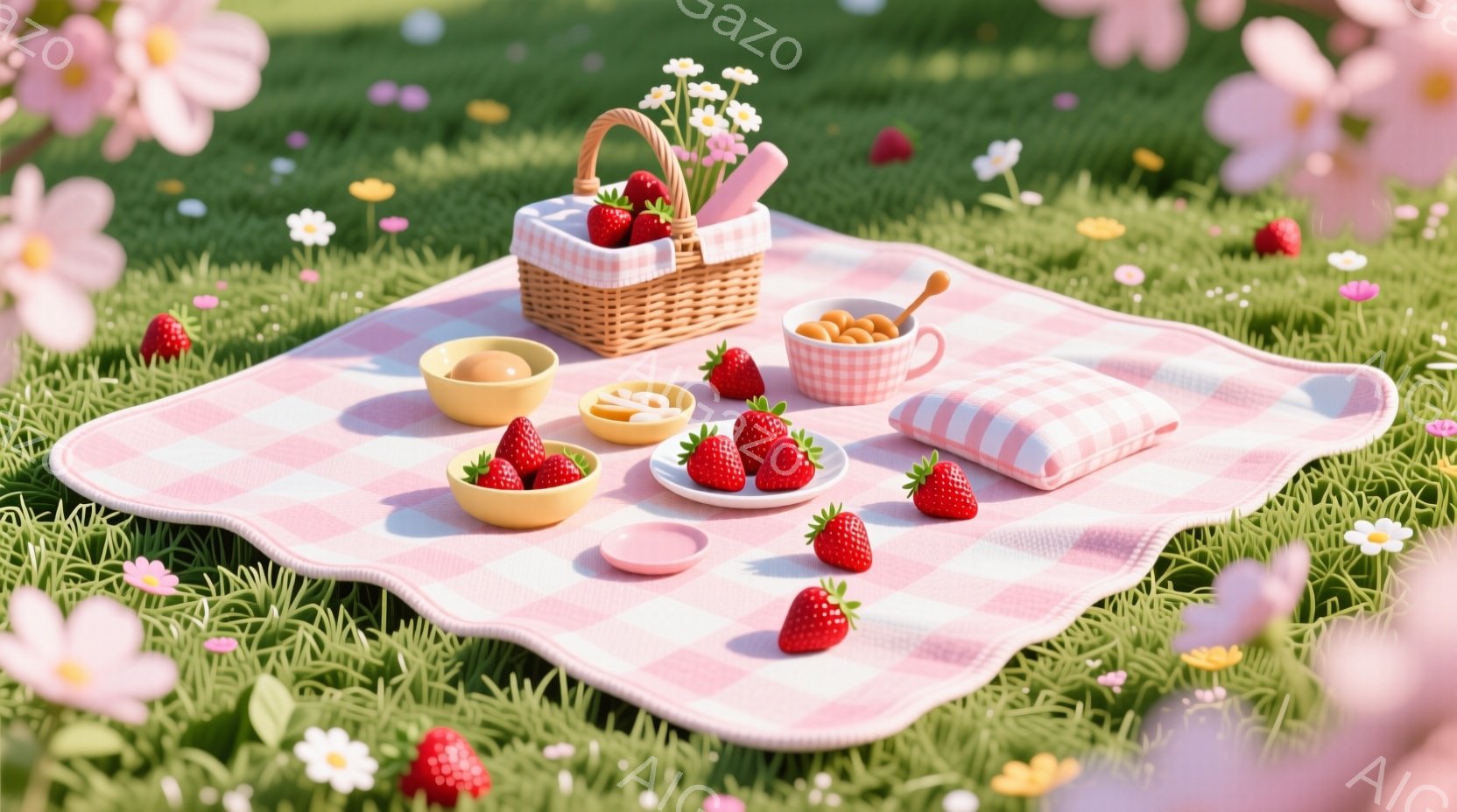 ピンクと白のチェックのピクニックブランケットの上に、新鮮なイチゴ、卵、ビスケットが並べられています。背景は緑の草と小さな白い花で覆われ、春の穏やかなピクニックの雰囲気が漂っています。イチゴはバスケットや皿に盛り付けられ、美味しそうに輝いています。