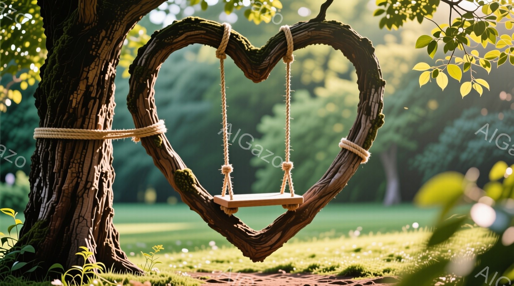 古木の枝に吊るされた手作りのブランコが印象的な風景です。ブランコは木の枝の一部として自然に溶け込み、ロープで吊るされています。背景には緑豊かな草原と木々が広がり、穏やかで牧歌的な雰囲気を醸し出しています。