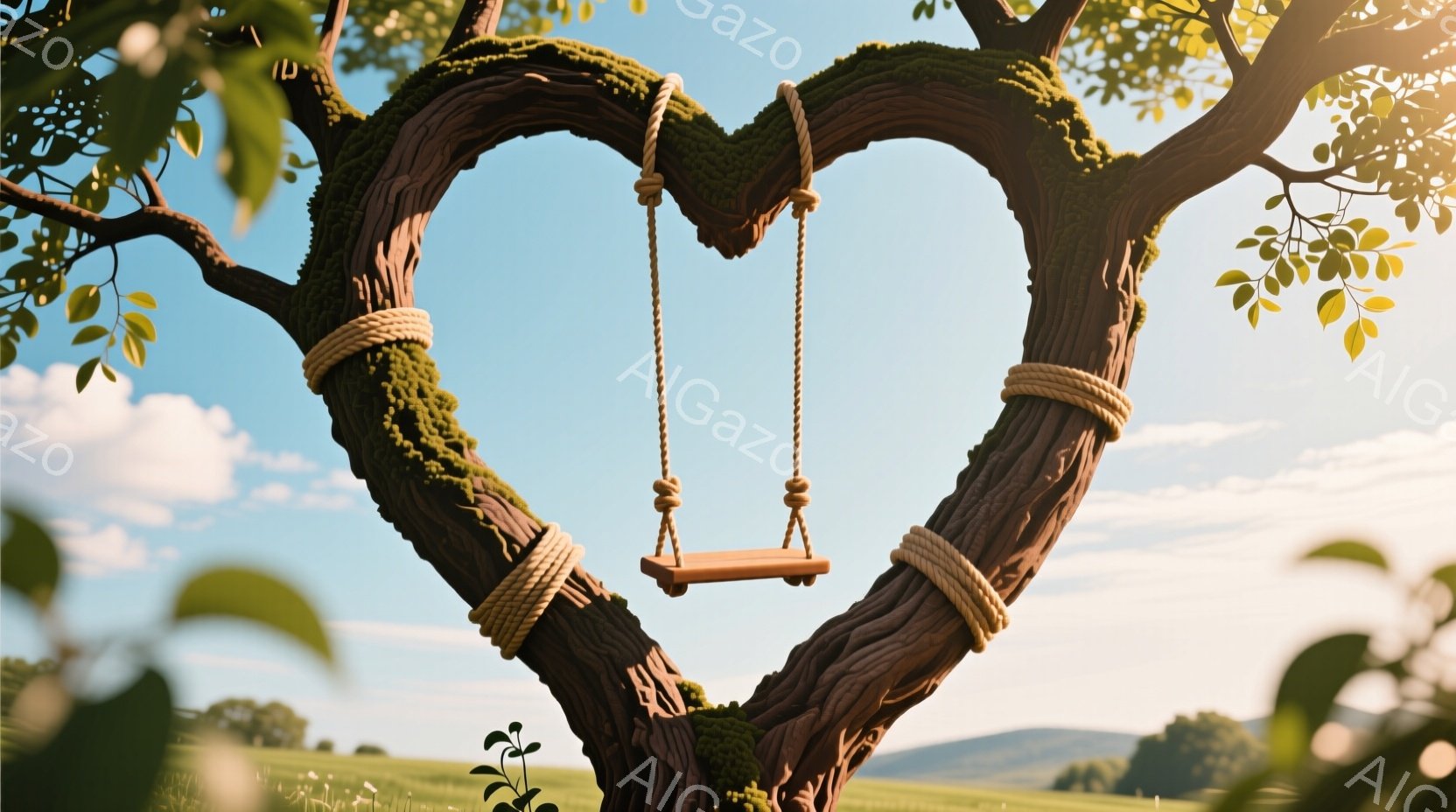 古木の枝がハート型に絡み合い、ロープで吊るされた木製のブランコが印象的です。背景には緑豊かな草原と遠くの丘、そして柔らかな光が差し込む晴れた空が広がっています。全体的に温かく、牧歌的で、懐かしい雰囲気が漂っています。