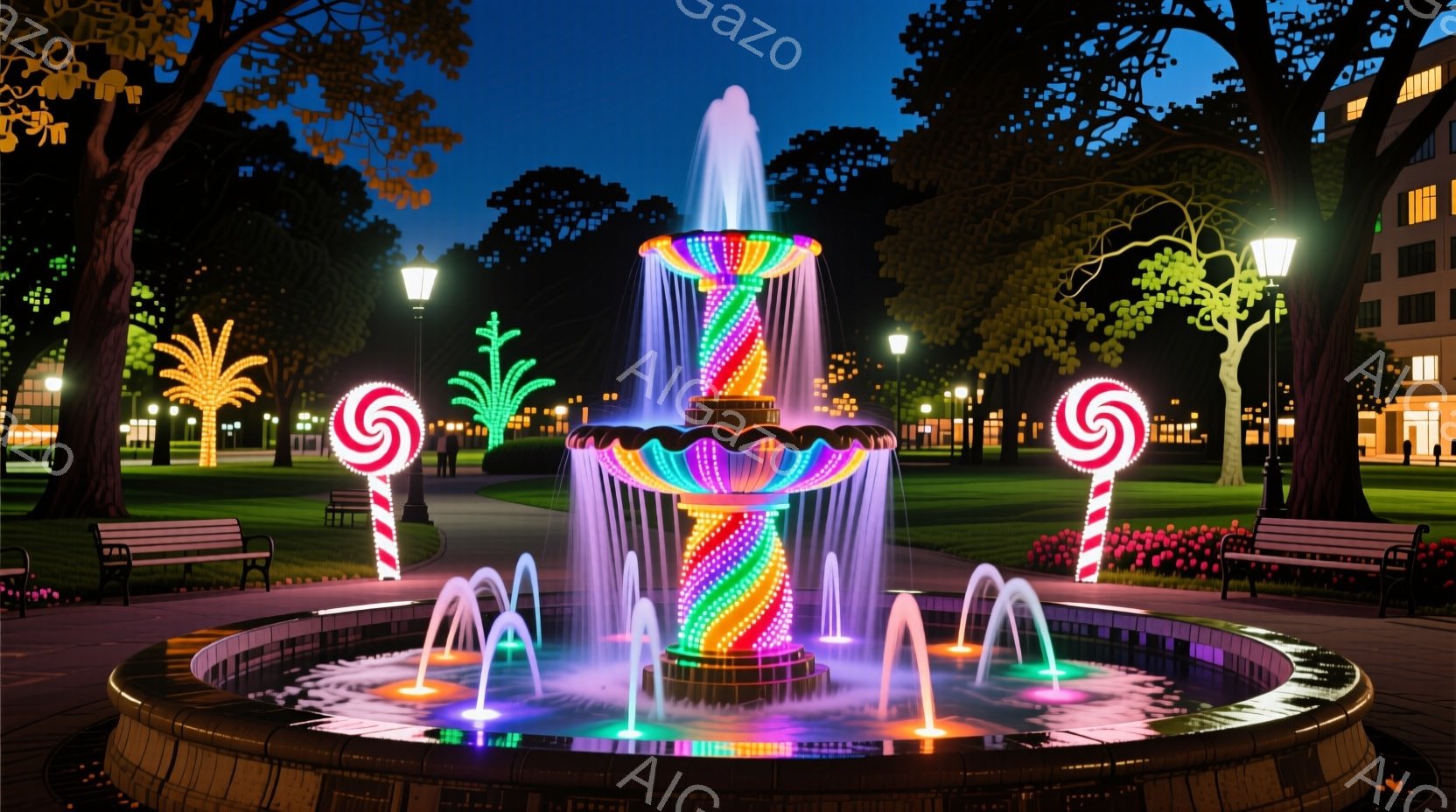 夜の公園の中心には、カラフルな光を放つ噴水が壮麗にそびえ立っています。噴水の周囲にはベンチと花壇が配置され、背景にはライトアップされた建物と木々が見え、幻想的な雰囲気を醸し出しています。夜空は暗く、噴 - AI生成フリー素材