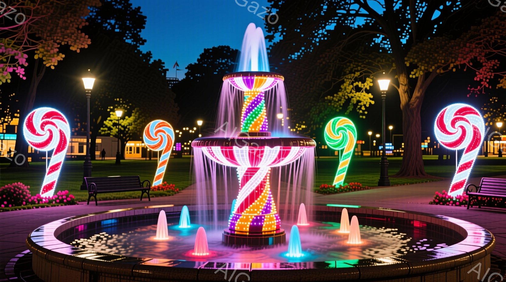賑やかな公園の夜、キャンディのようなストライプ模様の巨大な噴水が輝いている。噴水はカラフルな光で照らされ、周囲には同じデザインのポールが立ち並び、夜空には街灯が灯っている。背景にはぼやけた建物と緑豊か - AI生成フリー素材