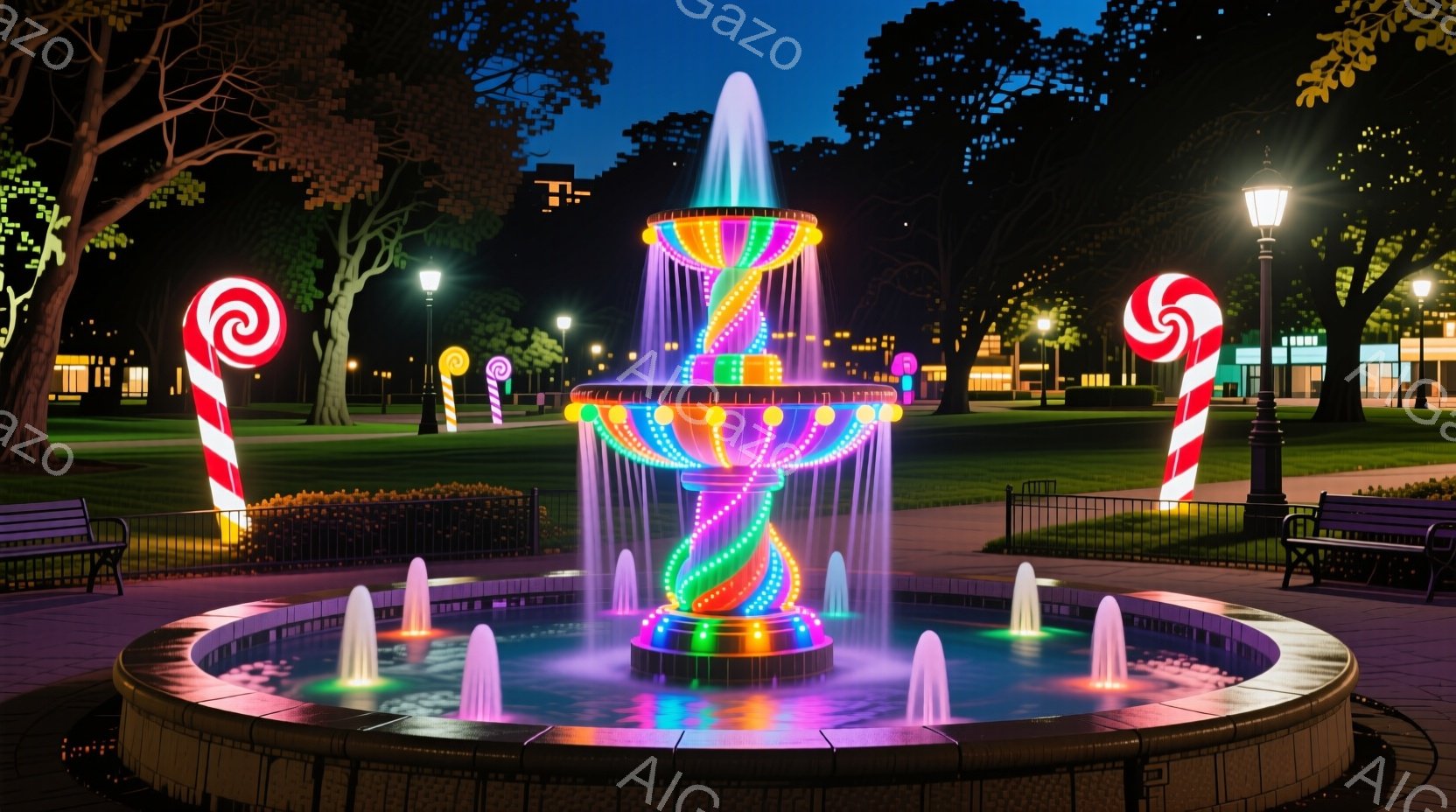 夜の公園には、カラフルな光で飾られた噴水が中央にあります。噴水はらせん状に光り、周囲にはイルミネーションのキャンディケーンが点在し、幻想的な雰囲気を醸し出しています。背景には木々や建物が見え、夜空の下 - AI生成フリー素材