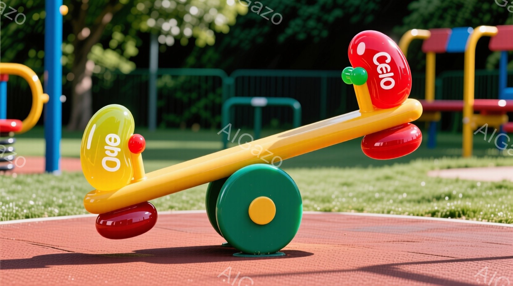 明るい遊園地の赤いアスファルトの地面に、カラフルな風船で作られたシーソーが設置されています。風船は赤、黄、緑の色で、それぞれに「CELO」という文字が書かれています。背景には緑豊かな木々と遊具の一部が見え、晴れた日の楽しい雰囲気が漂っています。