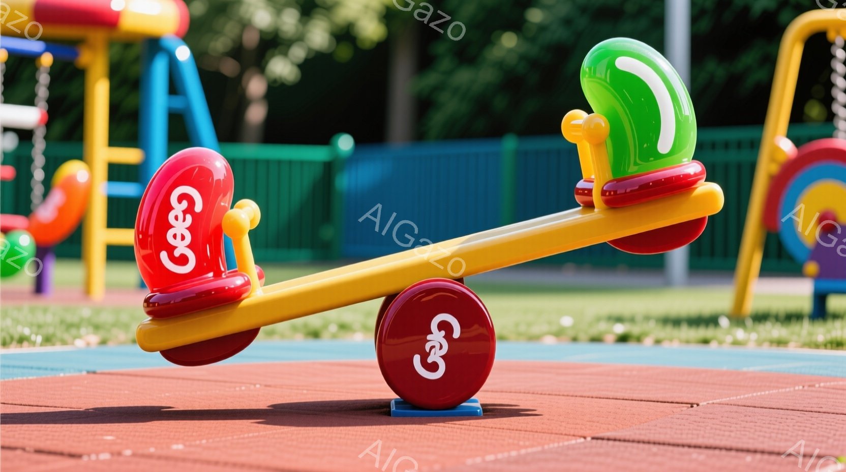 真っ赤な遊具のシーソーが、赤いゴム製の地面の上に設置されています。シーソーの端には、大きな赤い球と青い球が取り付けられており、中央には黄色と赤の棒が伸びています。背景には緑のフェンスと、ぼやけた遊具設備が見え、屋外の遊園地のような場所であることがわかります。