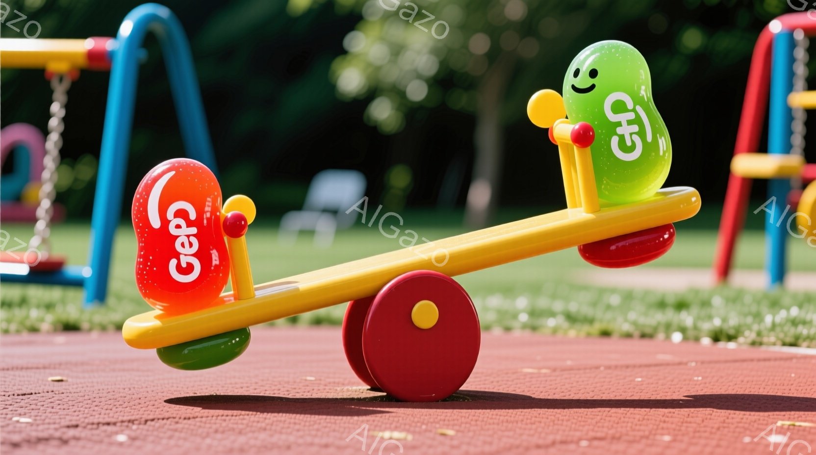 赤い遊具のシーソーに、オレンジと緑のキャラクターが座っています。キャラクターは笑顔で、丸い体に短い手足があり、シンプルな可愛らしいデザインです。背景には緑豊かな自然と遊具があり、晴れた日の子供向けの遊び場を示しています。