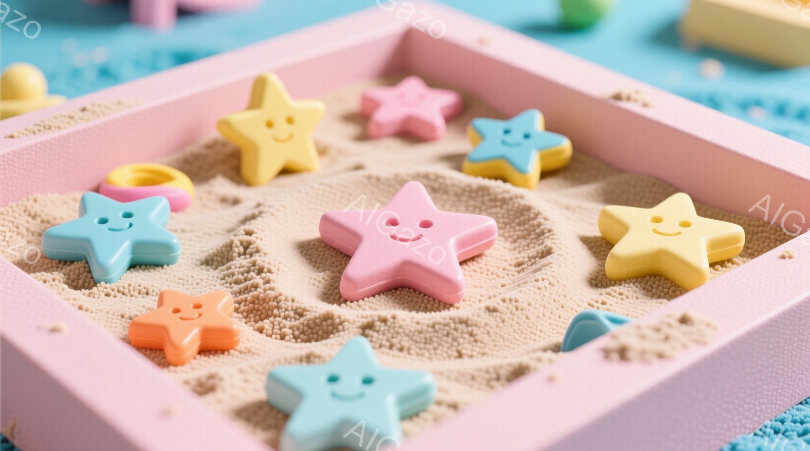 明るいピンク色の正方形のトレーの中に、様々な色の笑顔の星形のおもちゃが砂のような素材の上に並べられています。星形のおもちゃは、オレンジ、水色、ピンク、黄色の4色で、可愛らしい表情をしています。背景は水 - AI生成フリー素材