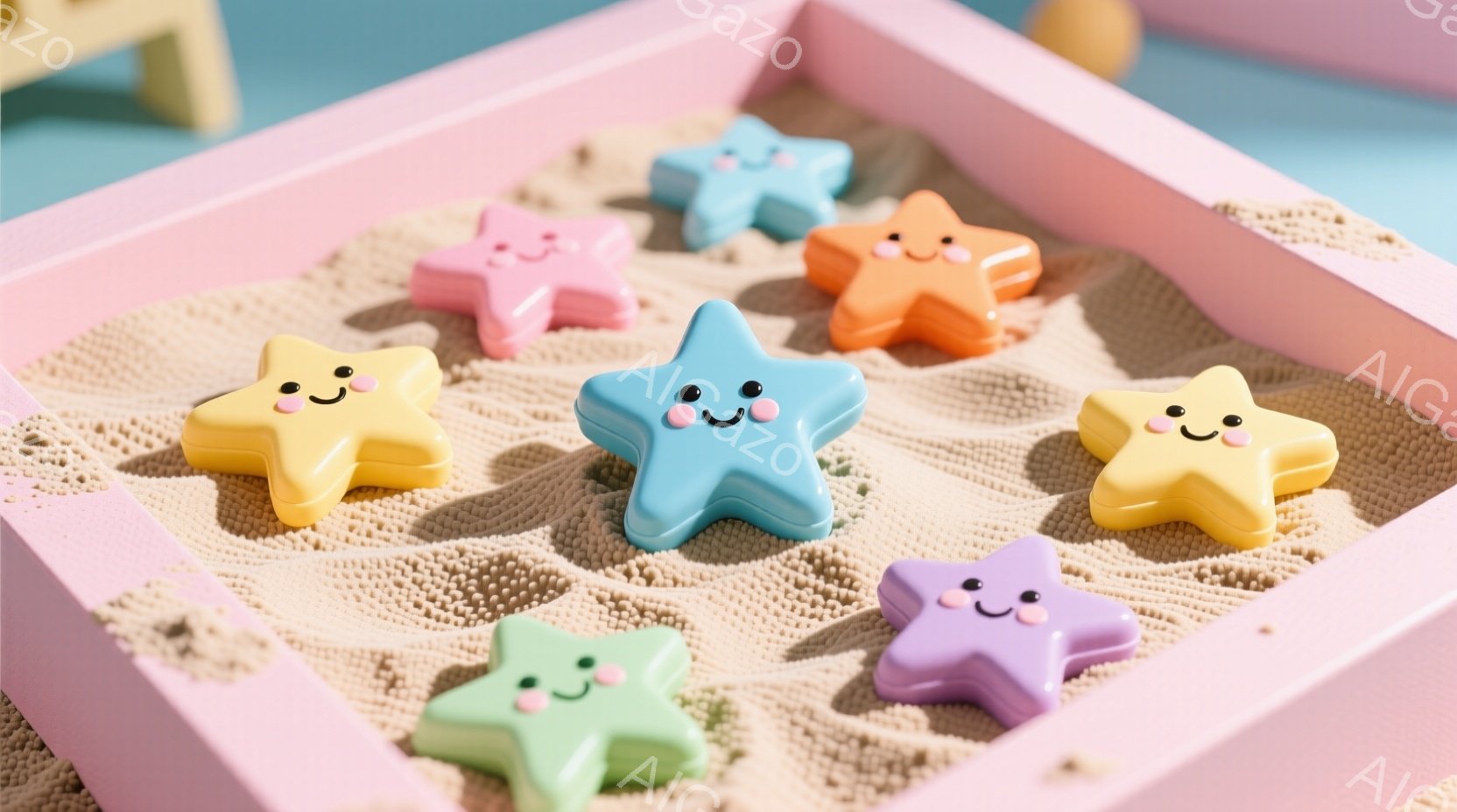 明るいピンク色の背景に、様々なパステルカラーの星形のオブジェクトが散らばっています。各星は可愛らしい笑顔を持ち、丸みを帯びたフォルムで、まるで生きているかのような印象を与えます。背景はざらざらとした質 - AI生成フリー素材