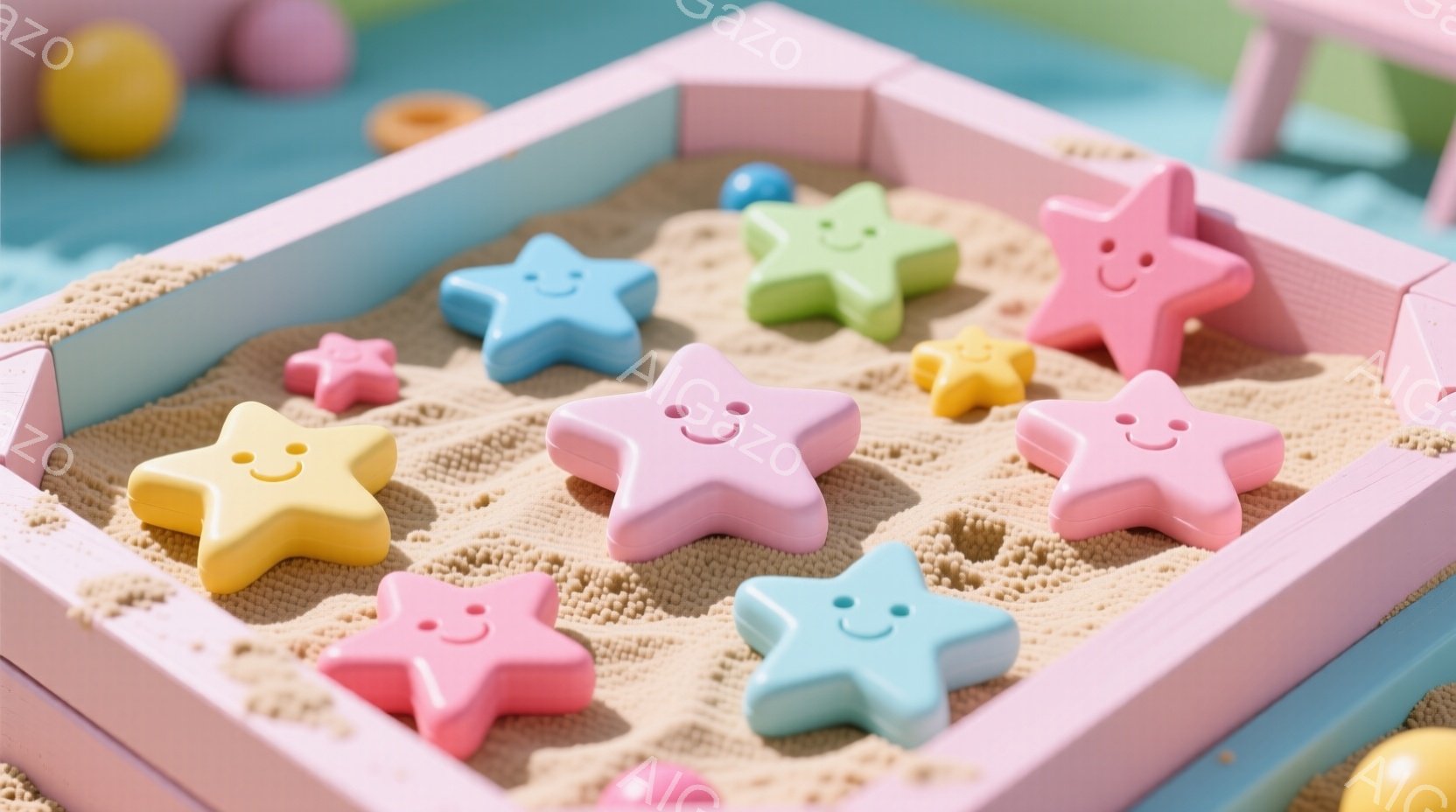 明るいピンク色の縁取りのある砂場の写真です。様々なパステルカラーの笑顔の星形のおもちゃが砂の中に並べられています。背景には、ぼやけたピンクや黄色の球体がわずかに見え、全体的に柔らかく遊び心のある雰囲気を醸し出しています。
