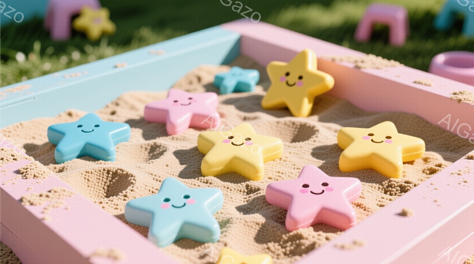 砂色の背景に、かわいらしい笑顔の星形のおもちゃが散らばっています。ピンク、水色、黄色の星が、明るい日差しの中で楽しそうに並べられています。背景には緑の草が生い茂り、遊び心あふれる雰囲気です。 - AI生成フリー素材
