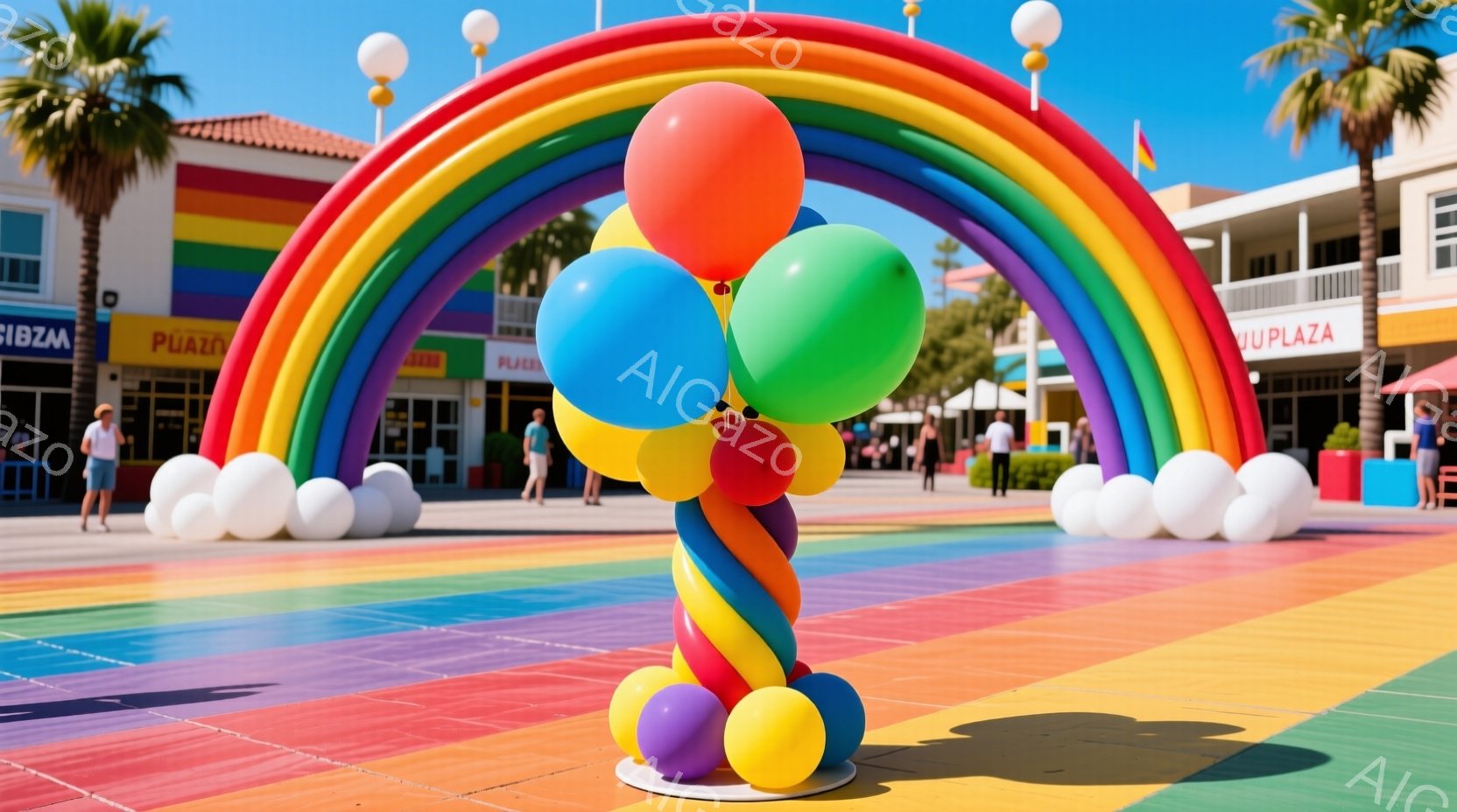 カラフルなアーチが広場にそびえ立っており、白、赤、オレンジ、黄色、緑、青、紫色の風船で構成されています。背景にはパステルカラーの建物が並び、ヤシの木が点在し、晴天で穏やかな雰囲気を醸し出しています。人 - AI生成フリー素材