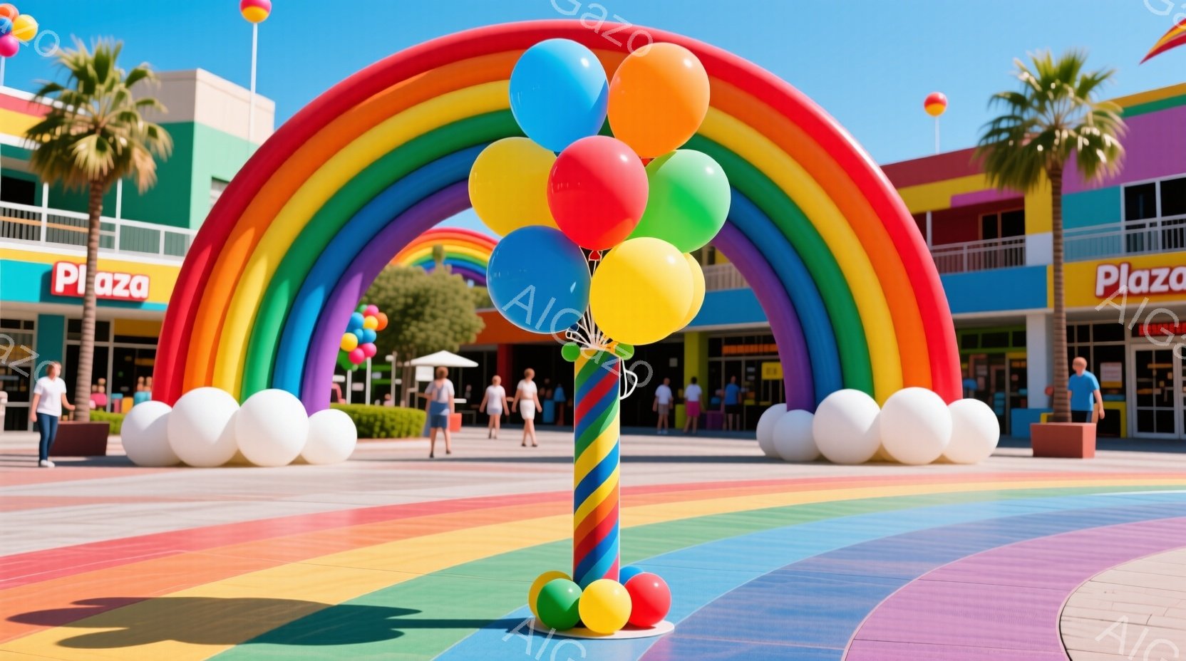 カラフルな虹のアーチが広場にそびえ立ち、その足元には様々な色の風船が飾られています。背景には、鮮やかな色彩の建物が並び、遠くにはヤシの木が見え、晴天の屋外であることがわかります。人々はカジュアルな服装 - AI生成フリー素材