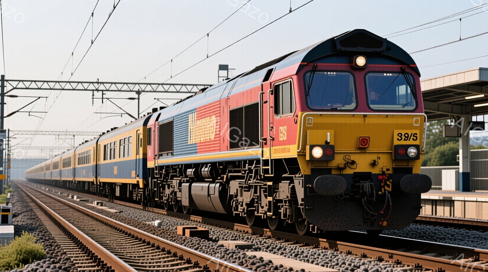 鮮やかな青、赤、黄色のストライプが特徴的な大型のディーゼル機関車が、駅のプラットホームの線路上を走っている。機関車の前面は黒く、ヘッドライトが点灯しており、列車の車両が後ろに連なっている。背景には駅の屋根や自然が見え、晴天の下、列車が進行する様子が捉えられている。